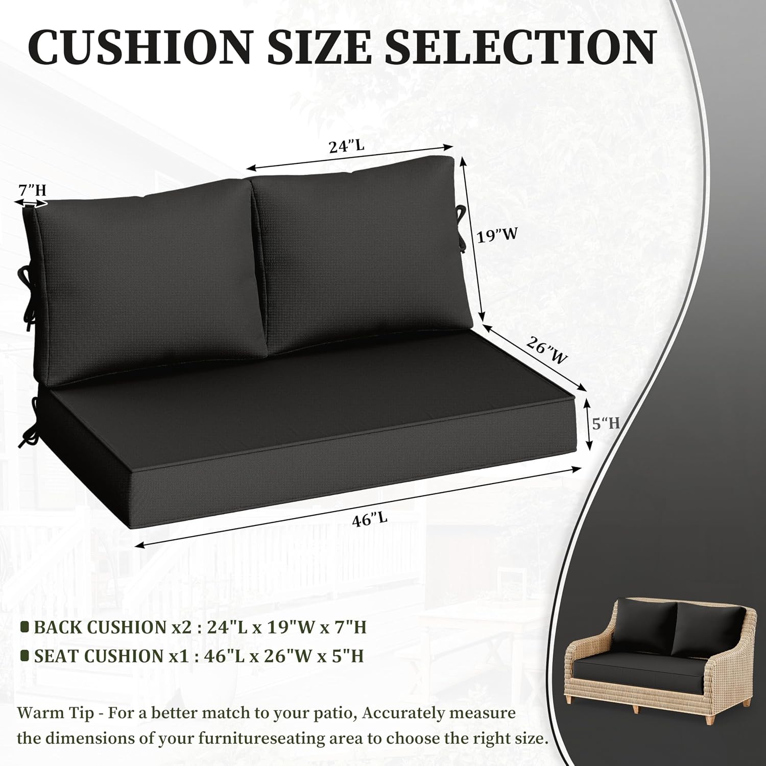 Outdoor Loveseat Cushion Set 46x26x5 Inch Waterproof Weather & Fade Resistant Furniture Cushions, Removable Deep Seat Cushions with Zipper & Non-Slip Straps for Patio, Sofa, Garden Chair, Black