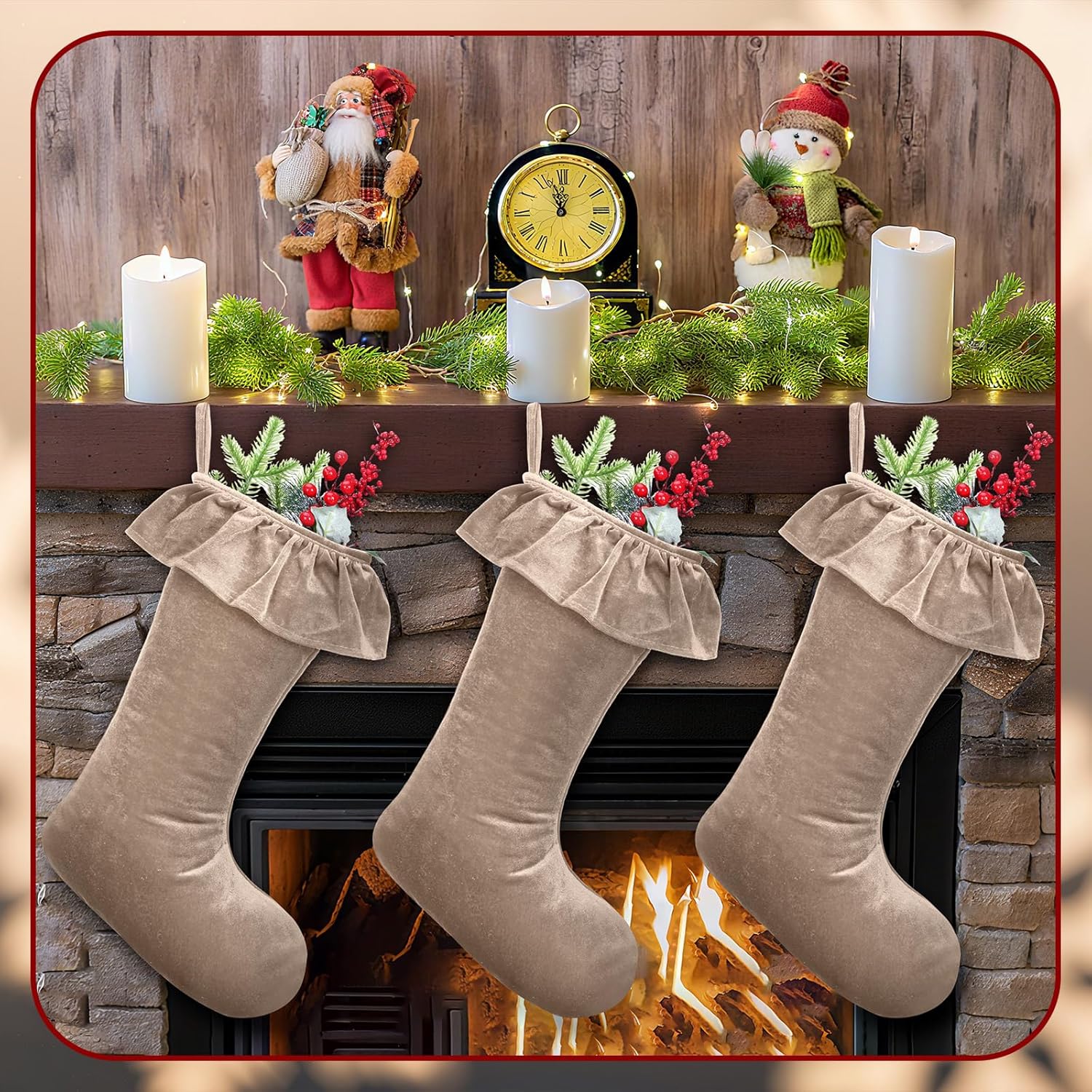 4 Pcs 11.8 x 19 Large Brown Velvet Christmas Stocking Xmas Plush Stocking Fireplace Decor Hanging Christmas Socks Gift Fillers Suffer Bags for Family Xmas Tree Hanging Ornament