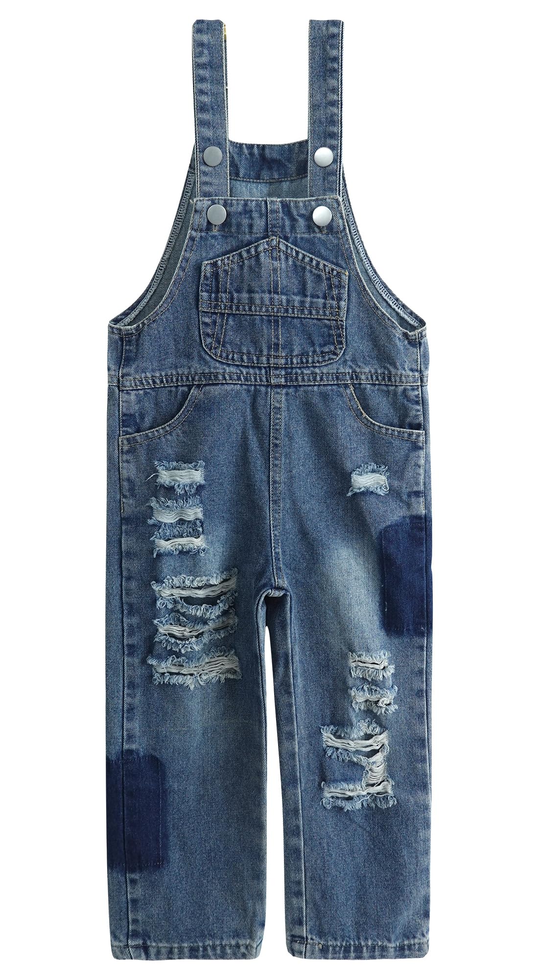 KIDSCOOL SPACE Mono de Mezclilla para Niñas, Tirantes Ajustables para Niños Pequeños y Grandes, Pantalones Dungarees de Mezclilla Desgarrados