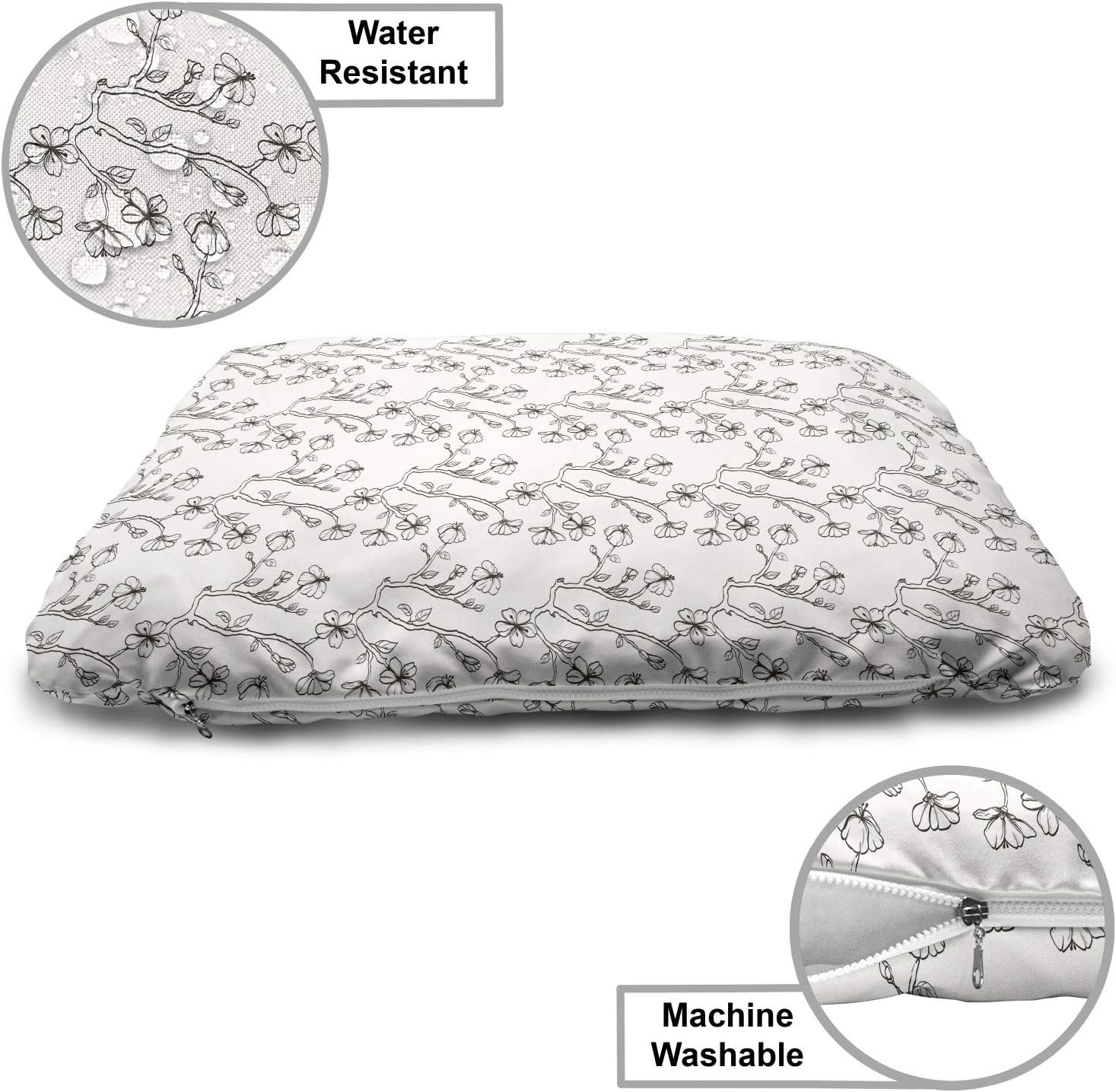 review Ambesonne Floral Vintage Pet Bed, Continuous Design of Sakura Flowers Drawn by Hand on a Plain Background, Chew Resistant Pad for Dogs and Cats Cushion with Removable Cover, 24