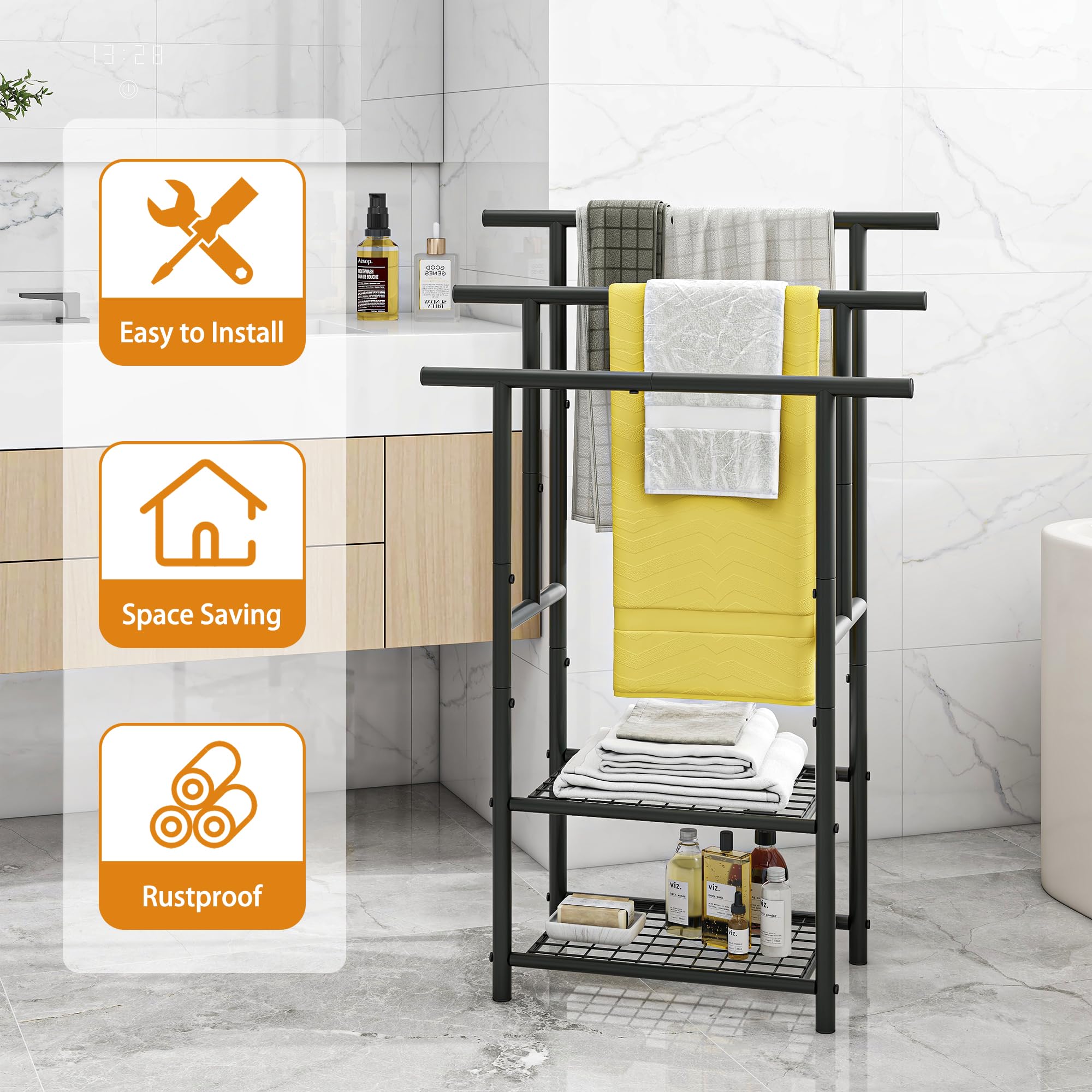 Porte-serviettes debout avec 3 barres porte-serviettes en métal avec 2 étagères, pour serviettes de bain, couvertures, peu encombrant, stable, style industriel, noir