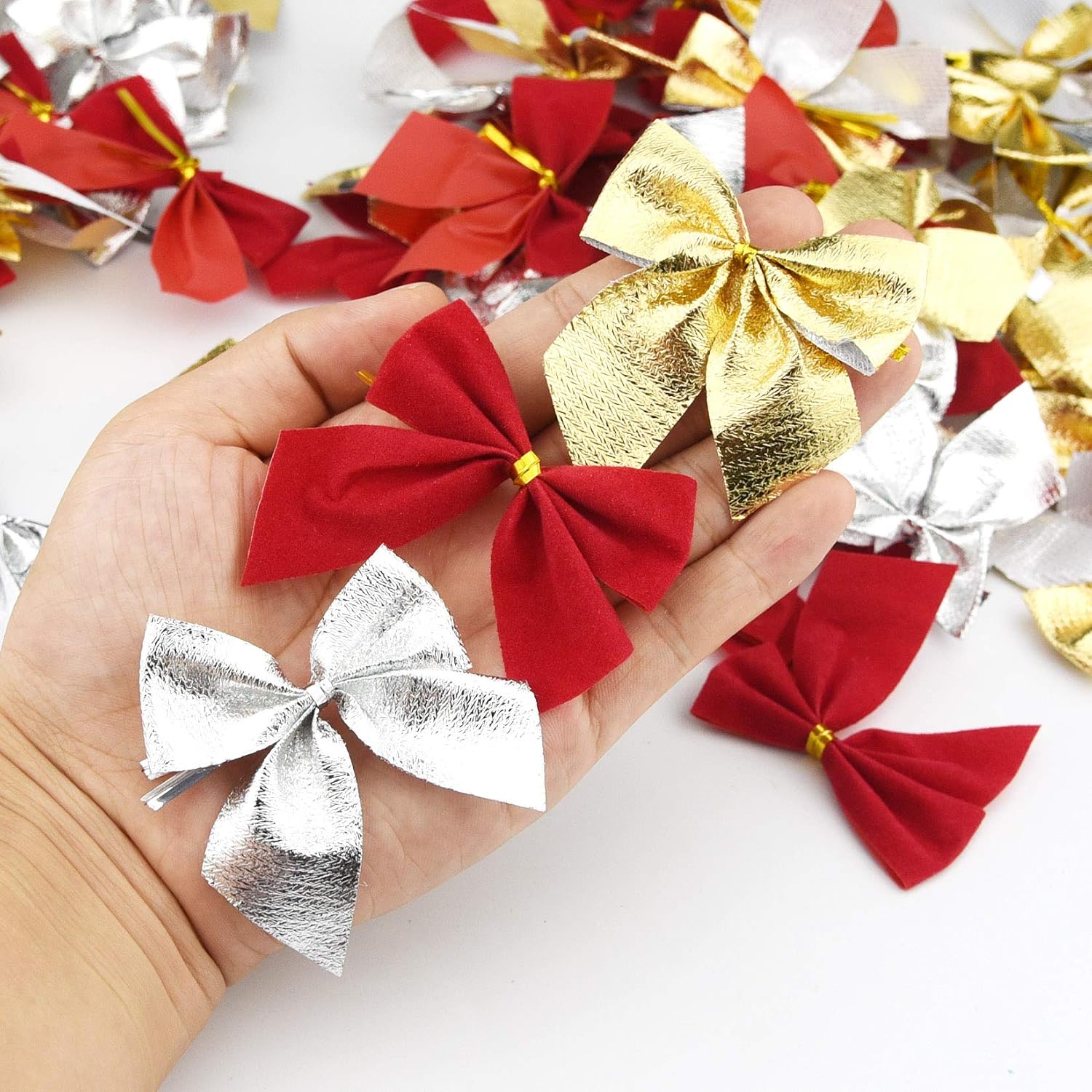 90 Pcs Christmas Tree Bows, Fengek 2.36 Inch Mini Ribbon Bows Ornaments for Christmas Decoration Gift Wrap Supplies, Multicolor A