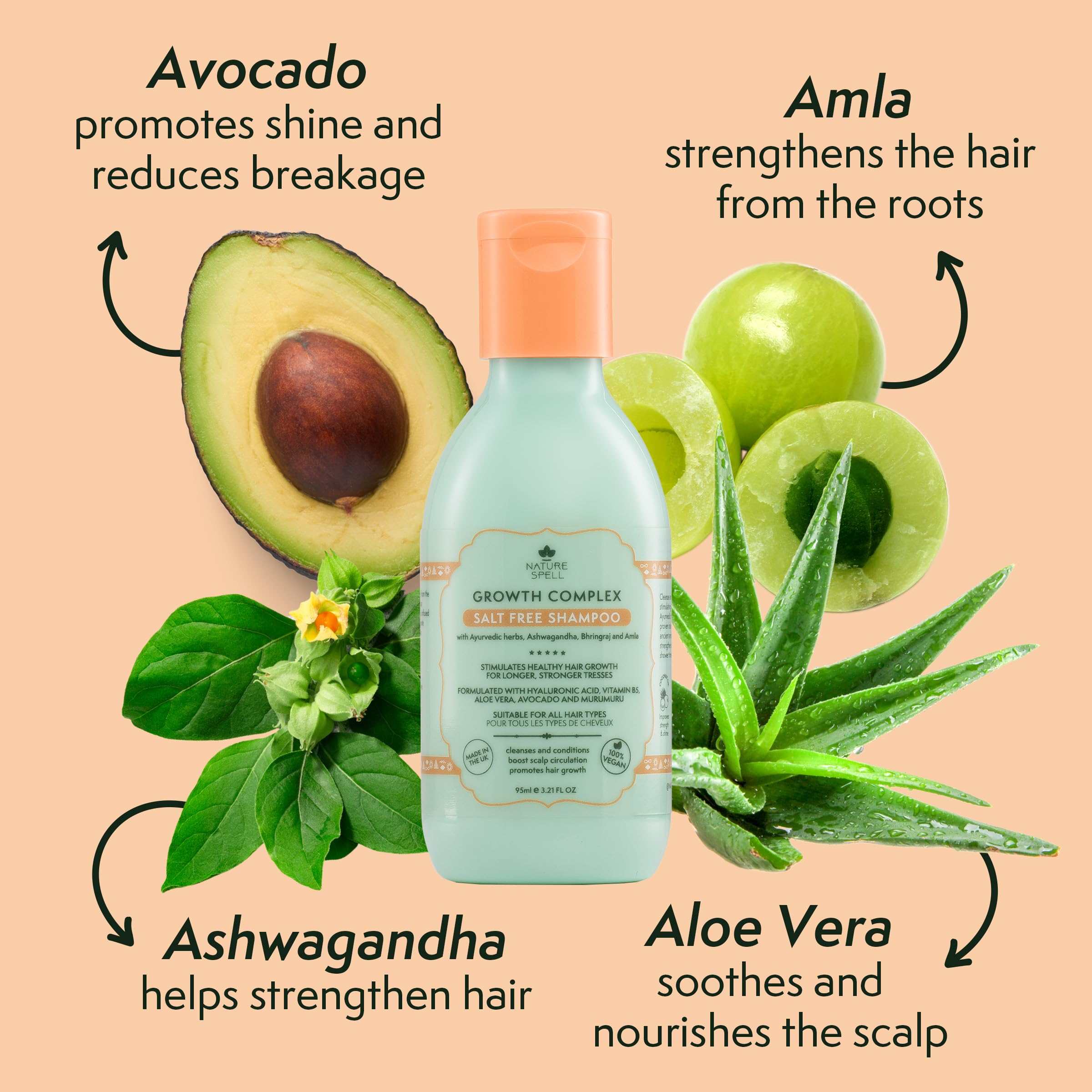 Nature Spell Hair Growth Complex Travel Size Shampoo, Nourishing & Strengthening, for All Hair Types Sulphate-Free, Vegan, 95ml - Image 4