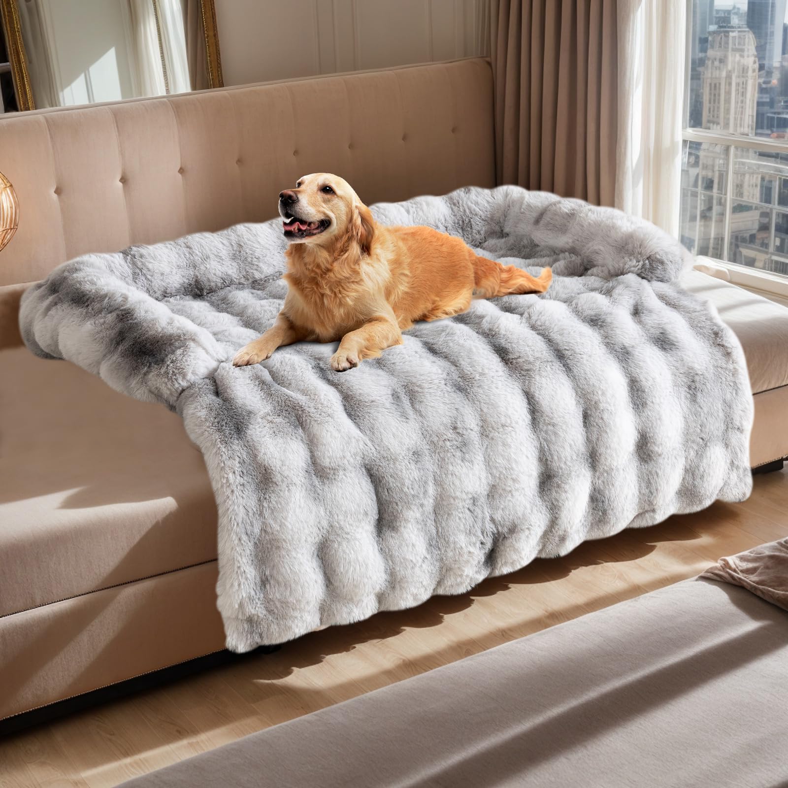 TopchancesDog Sofa Bed, Dog Sofa Bed Mat, Faux Rabbit Fur Plush Furniture Protector Cover, Pet Sofa Mat for Dogs and Cats, Gradient Grey, 75 * 75 * 13cm