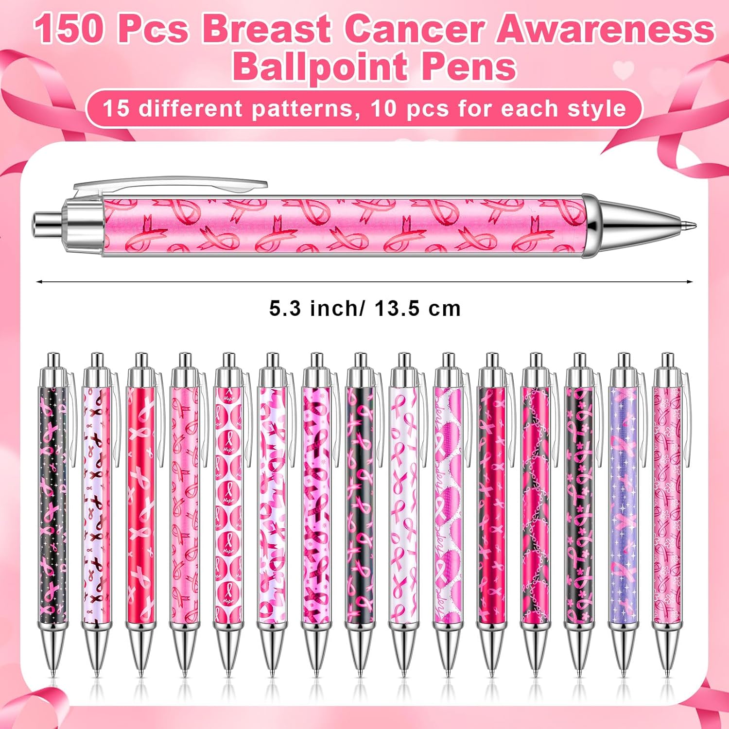 150 Pcs Pink Ribbon Pens Bulk Breast Cancer Awareness Holiday Novelty Pens 0.5 mm Retractable Black Ink Decorative for Office School Party Favor Supplies Women Gift