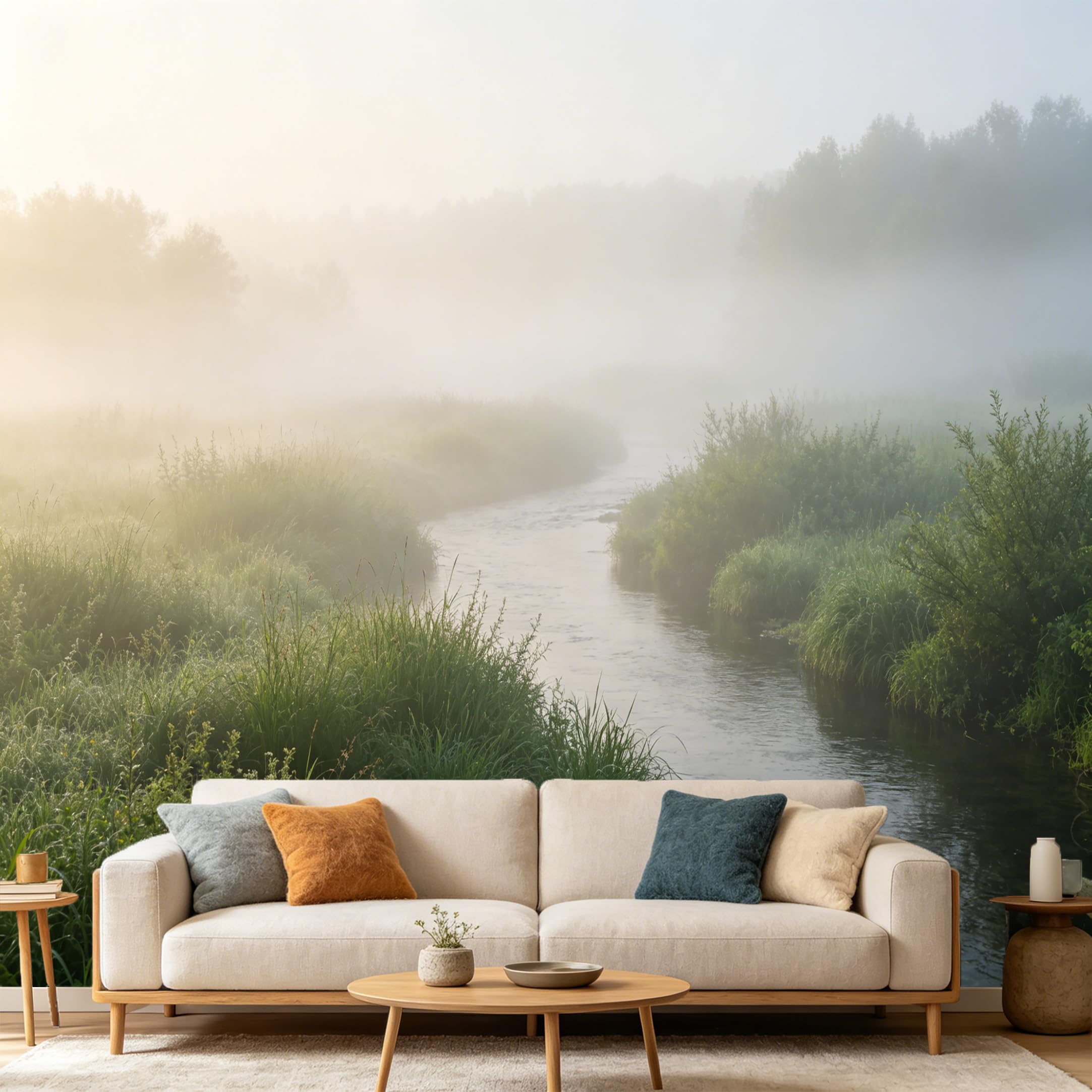 Custom Size Wall Mural Misty River Morning Landscape Forest Nature SelfAdhesive Art Prints wall Fabric（No PVC） Removable Wallpaper Home Bedroom Decor