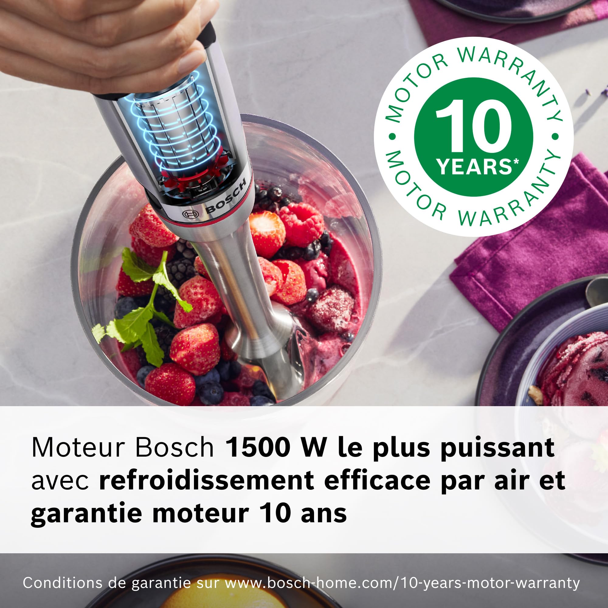 Bosch, mixeur plongeant, ErgoMaster Série 8, moteur 1500 W, réglage de vitesse intuitif, 6 lames, accessoires inclus, acier inoxydable, MSM8M930