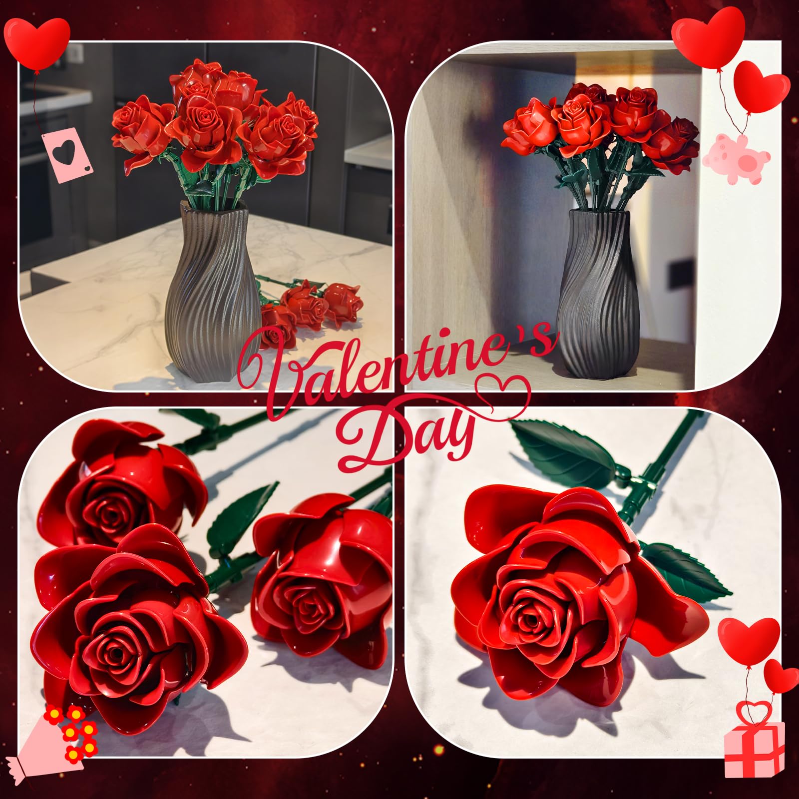 Rot Rosenstrauß Bausatz, 12 Künstliche Rosen Klemmbausteine Blumen (546PCS) | Geschenk für Ihn Sie zum Valentinstag, Botanicals Blumenstrauß, Geschenk für Geburtstag, Jahrestag, Muttertag, Heimdekoration