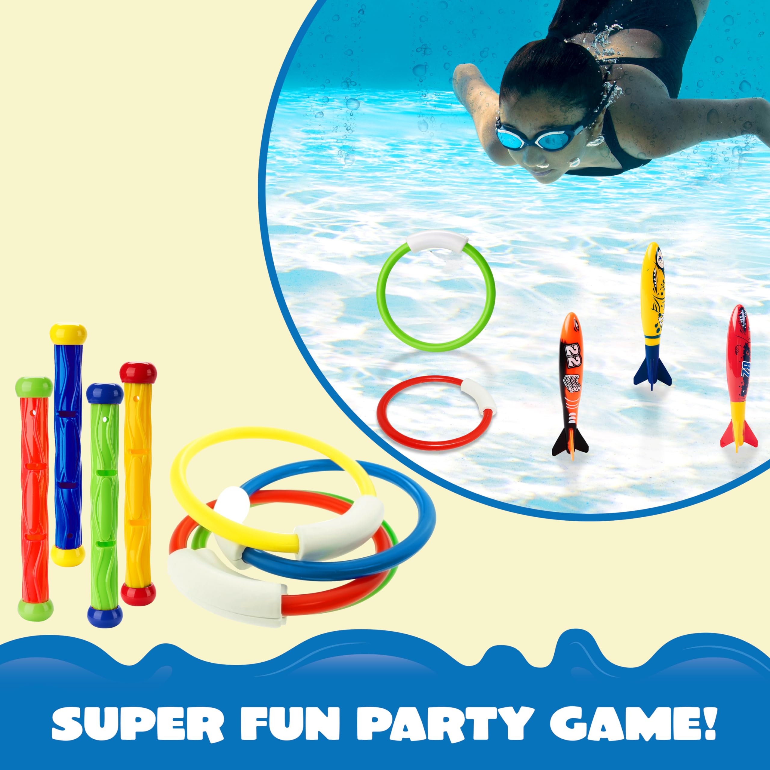 JOYIN 18 Pcs Jouets de Plongée Jouets de Natation Piscine Jeux de Piscine Jouet Anneaux Plongée sous-Marine Bâtons de Plongée et Bandits de Toypedo avec Bundle Cadeau Trésors de l'eau
