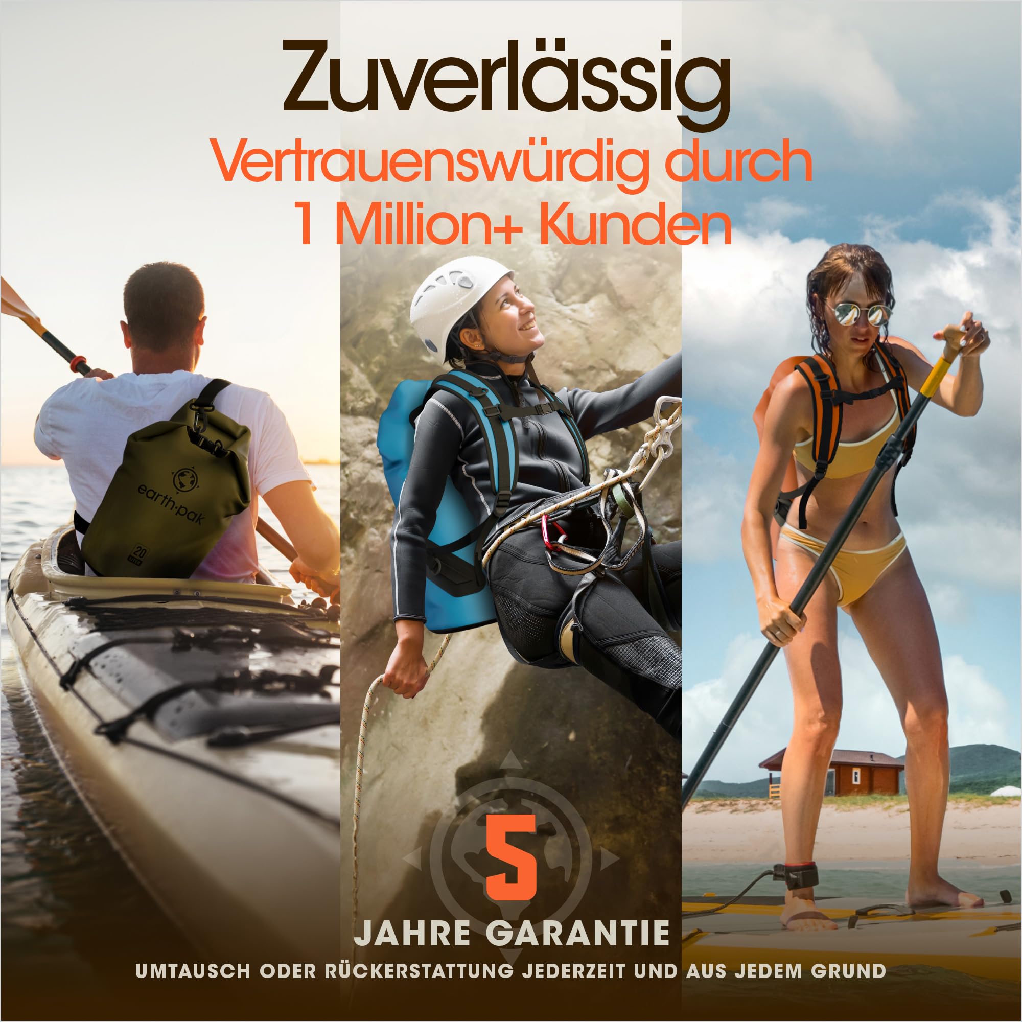 Earth Pak – Wasserdichter Packsack mit Schultergurt und wasserfester Handyhülle – Ideale Rolltop Tasche beim Kajak Fahren, Wandern, Camping, Angeln, Bootfahren und Rafting