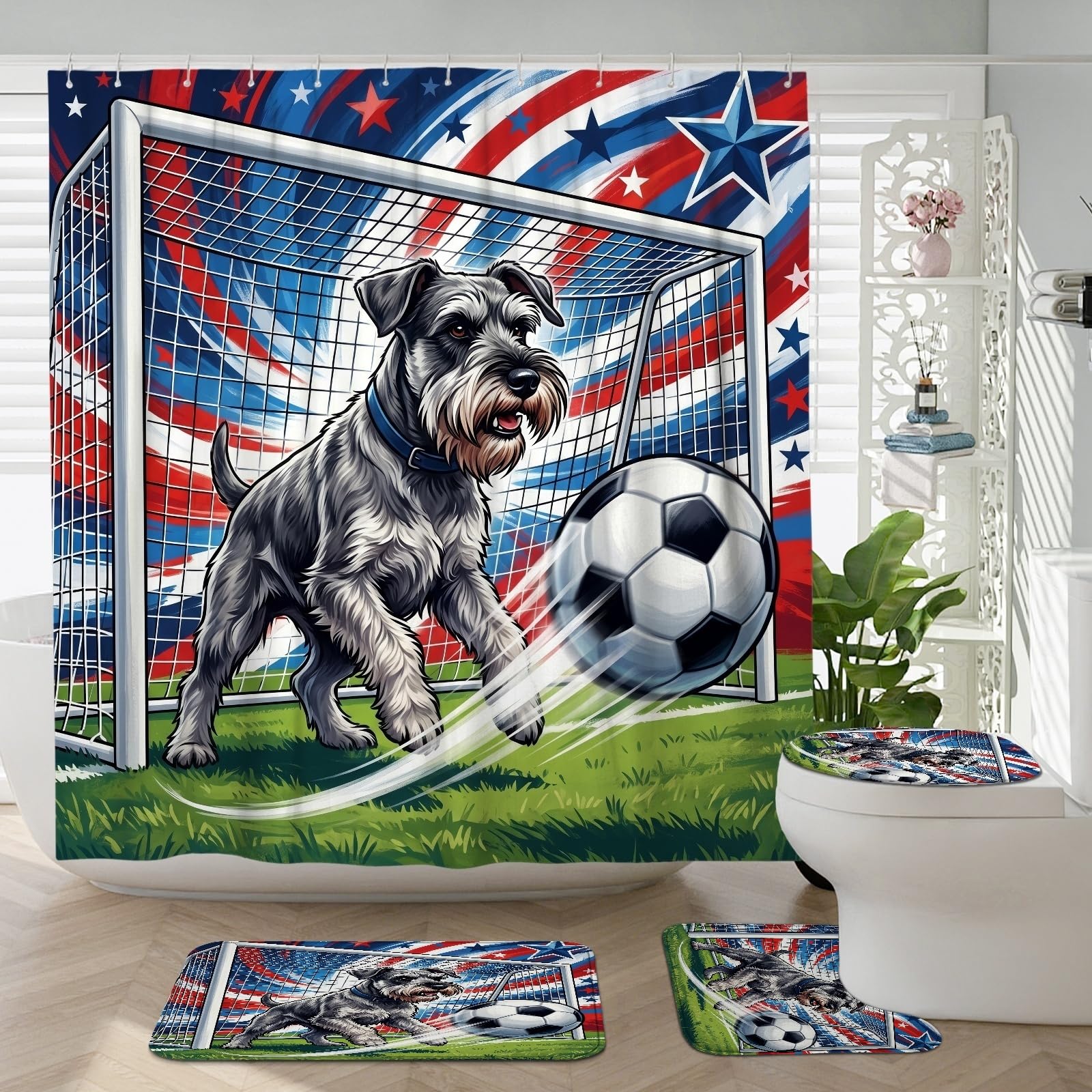 Rideau de douche schnauzer foot en polyester imperméable avec ensemble de tapis lavables