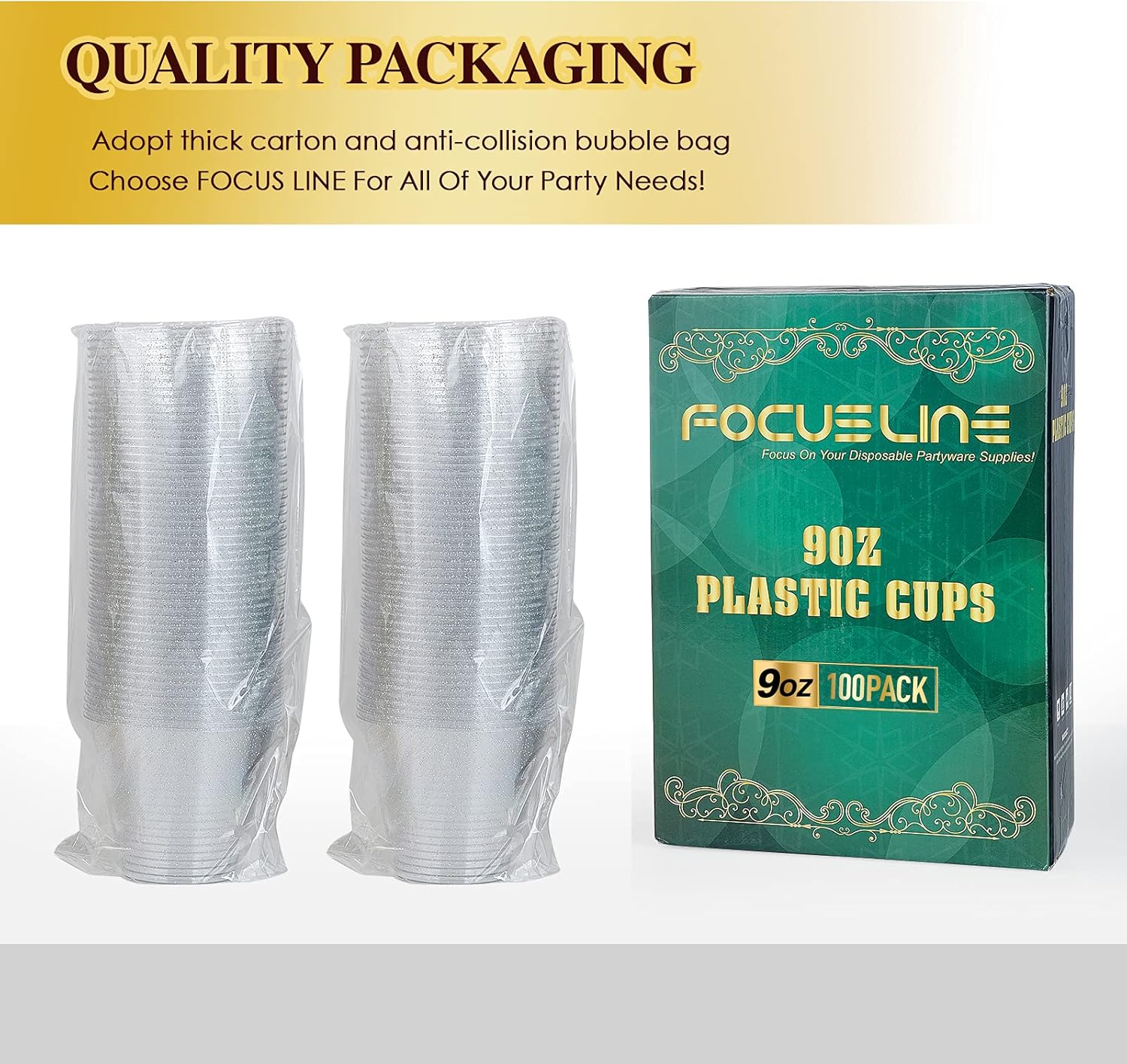 FOCUSLINE 9 oz Silver Plastic Cups, Disposable Clear Fancy Hard Plastic Cups, Silver Glitter, Heavy Duty, Reusable,100 Count - Image 7