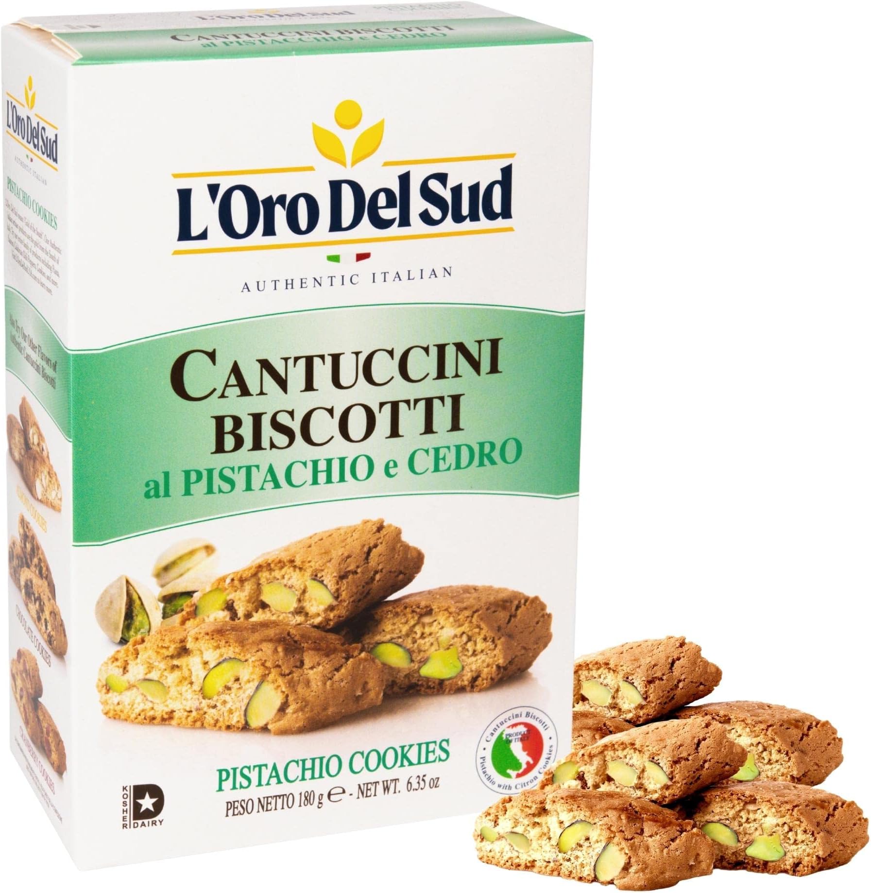 L'Oro Del Sud Pistachio and Cedron Biscotti, Cantuccini d'Abruzzo, Italian Cookies Madewith Real Quality Ingredients, 180 G, 6.3 oz. Gourmet Cookies