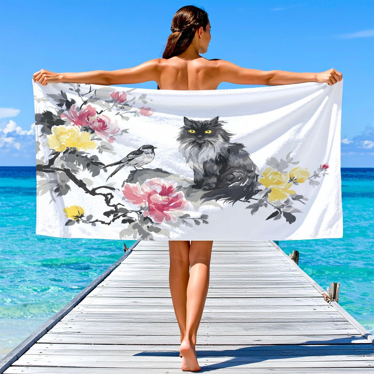 Generisch Ręcznik plażowy z mikrofibry, 200 x 150 cm, ręcznik plażowy, akwarelowy, elegancki, chiński Zen, spokojny, elegancki, kwiaty, kot, ptak, nie zawiera piasku, szybkoschnący, chłonny, podróżny