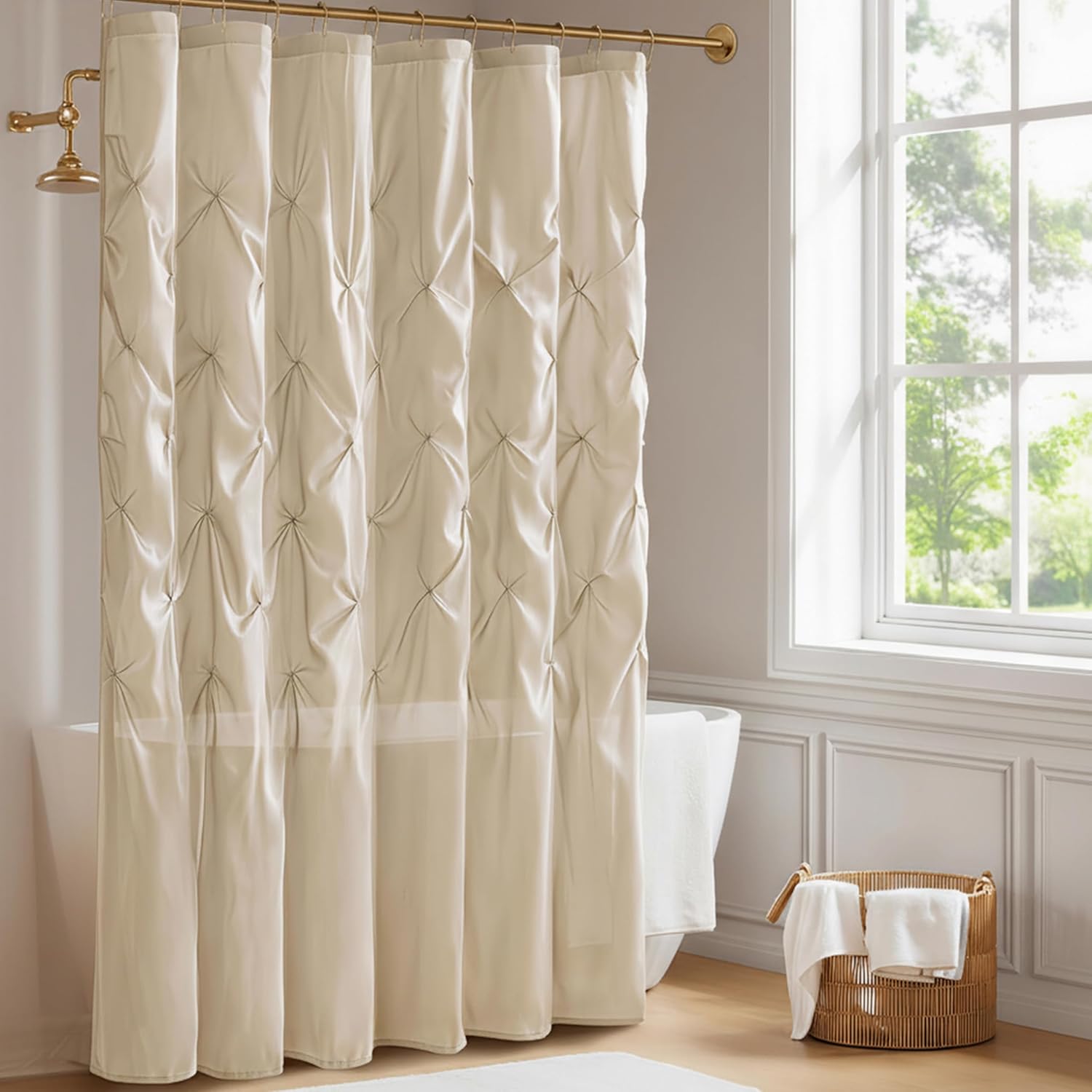 Madison Park Laurel Semi-Sheer White Shower Curtain – Lightweight Faux Silk Fabric, 72x72 in, Light Filtering, Modern Style Bathroom Curtain Textured Tufting Detail Modern Mid-Century Bathroom Decor
