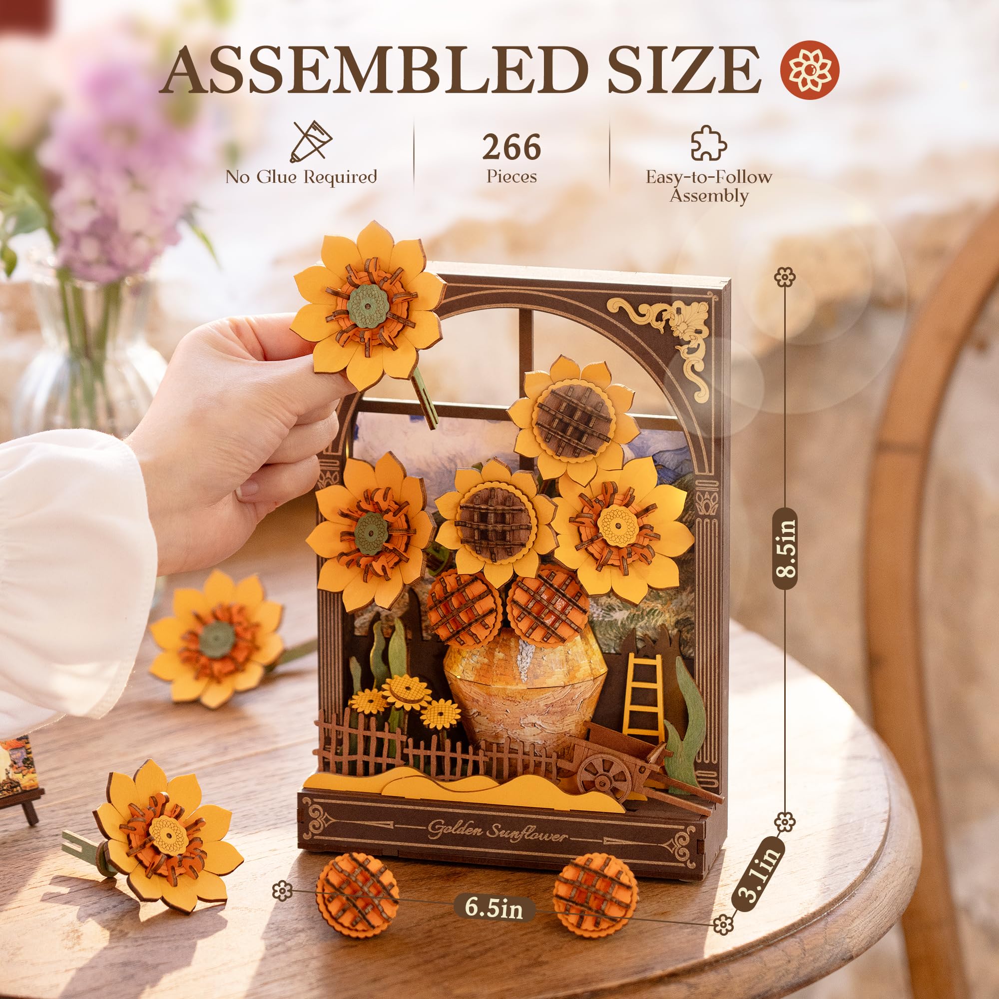 ROBOTIME 3D Puzzle Sunflower, Wooden Flower Model Kits for Adults to Build Hangable Art 3D Painting Wall Decor - Image 2