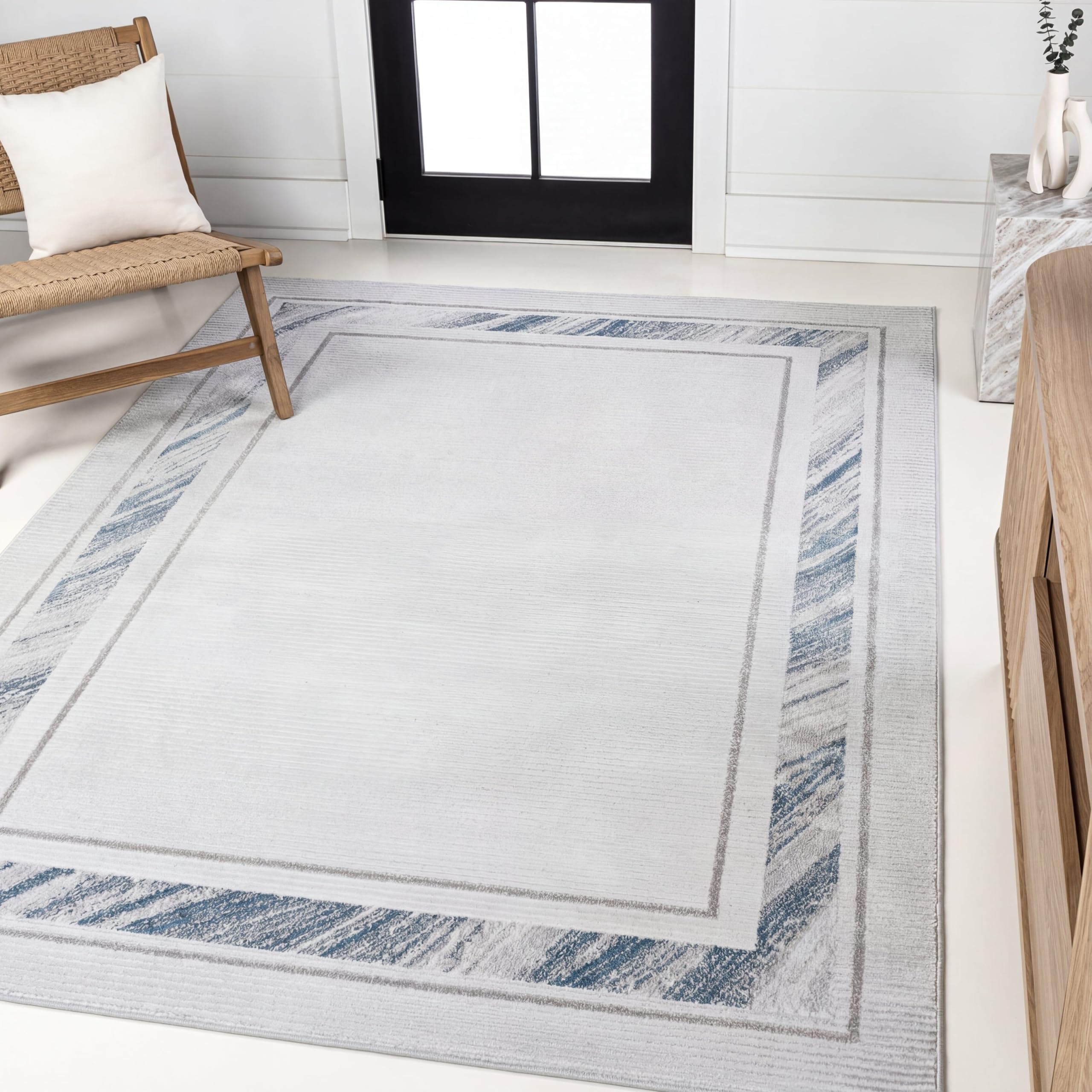JONATHAN Y Marble Pattern High-Low Silver/Blue Indoor Area Rug, 8x10, Athens Classic Border, Easy-Cleaning for Living Room, Bedroom, Kitchen, Pet