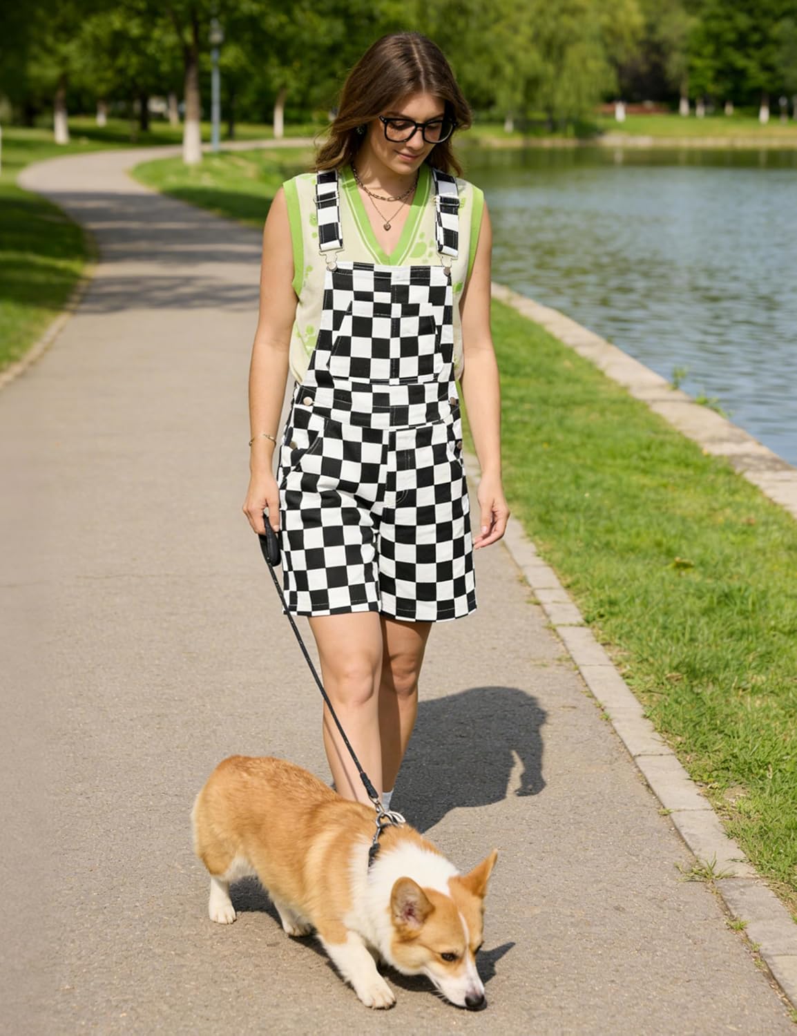 Odefou Shorts Overalls for Women Fashion Jumpsuits Checkered Romper Stretchy Plaid Bib Coveralls