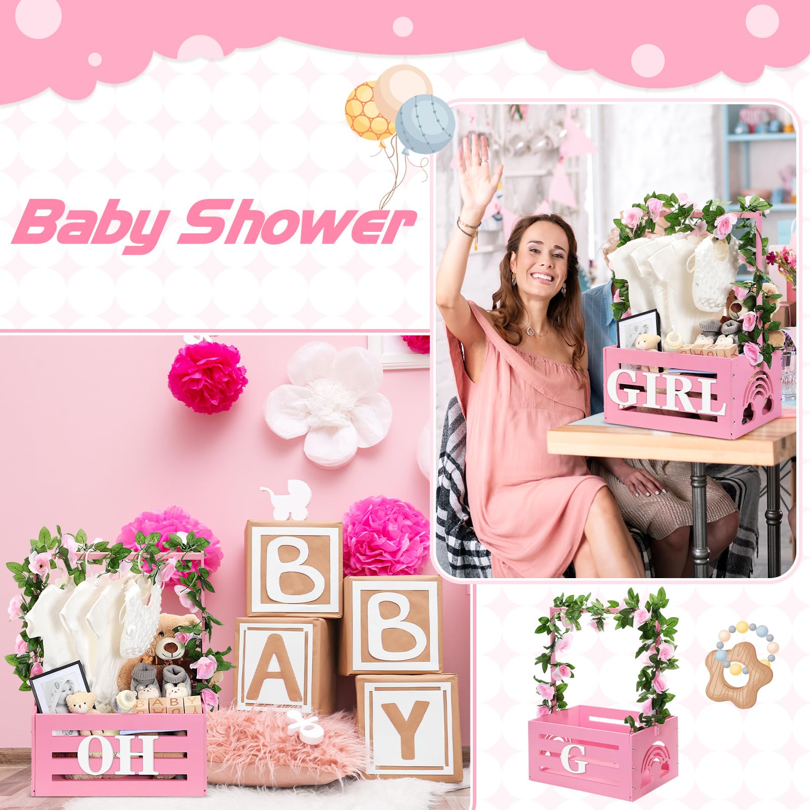 Yerliker Caja de almacenamiento de madera para baby shower con asa, guirnalda de 26 letras, caja de regalo para niñas y niños, regalos de embarazo (rosa)