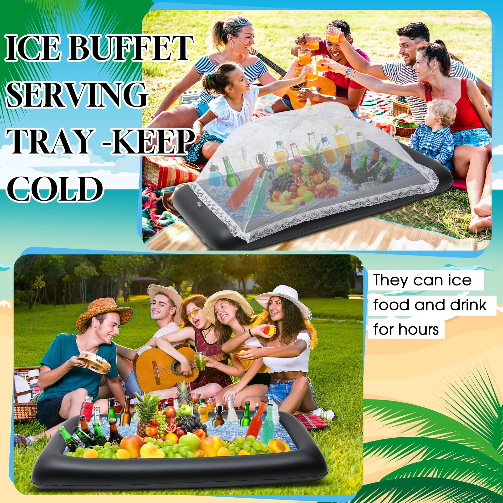 Leitee Kit da bar gonfiabile, include vassoio per buffet per insalata con tappo di scarico, copertura per alimenti, contenitori per bevande e gonfiatore, per forniture di ghiaccio, feste, campeggio,