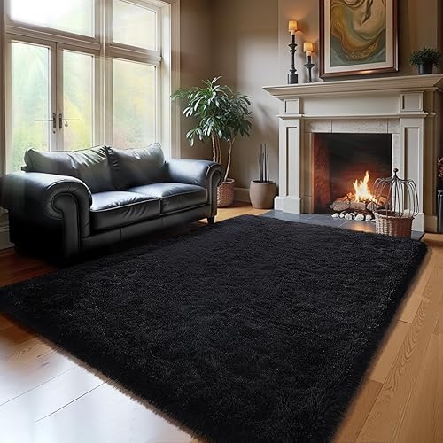 Miniatura 8 de HOMORE Alfombra de Dormitorio 3x5 Alfombras Negras para Sala de Estar, Alfombras de Área Esponjosas de Lujo para Entrada Interior, Alfombra