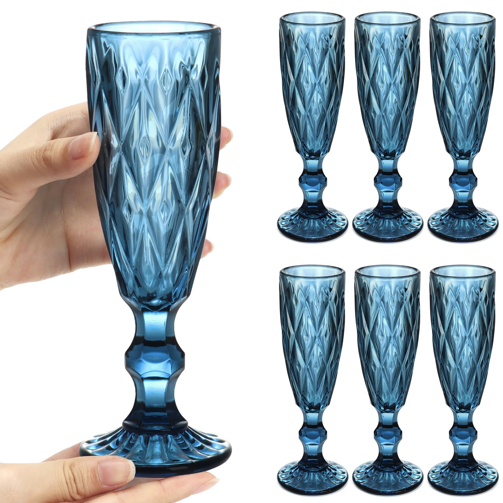 Verres à vin pétillant en verre ciselé bleu pastille style flûte vintage