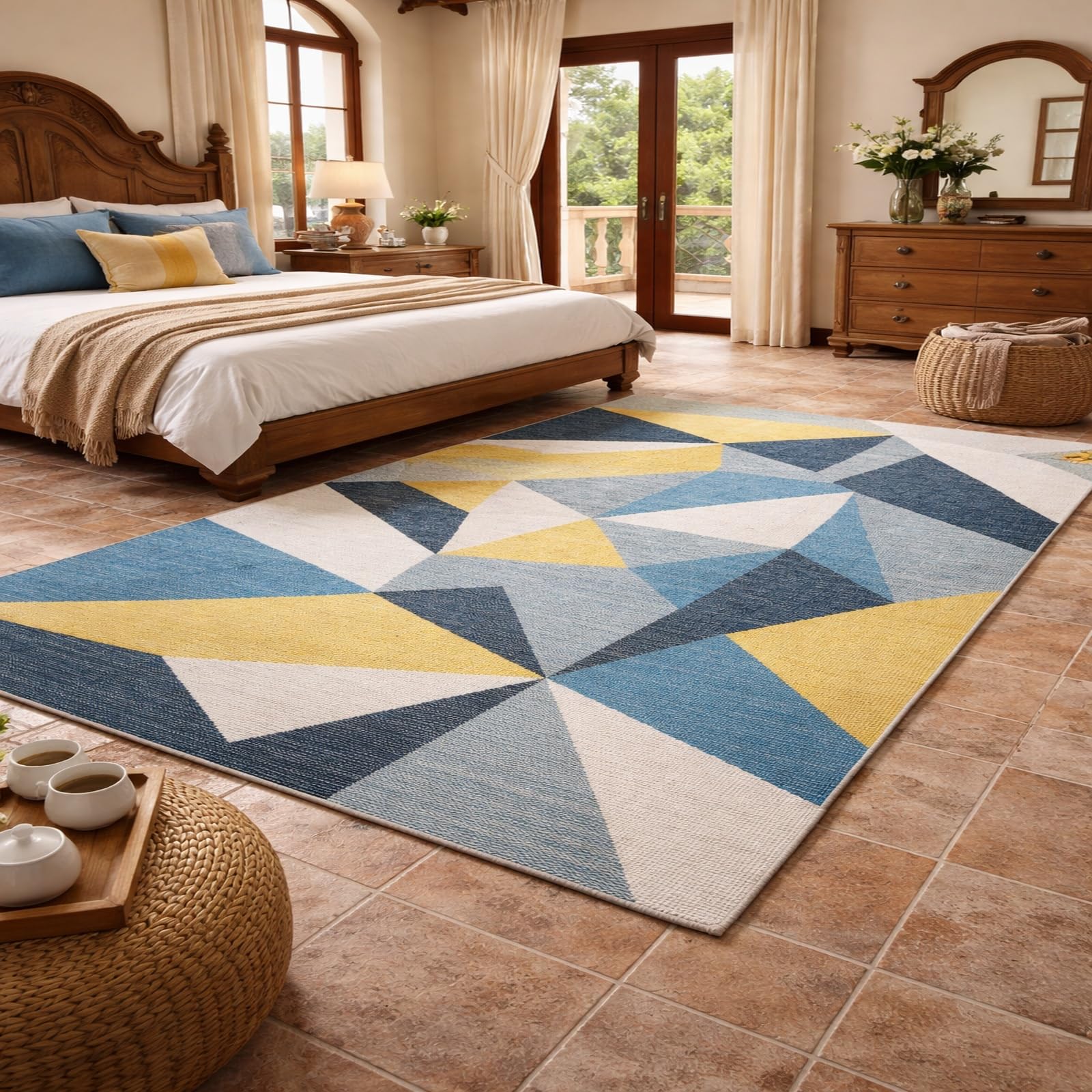 Tapis chambre adulte et salon géométrique moderne bleu jaune 160x230cm