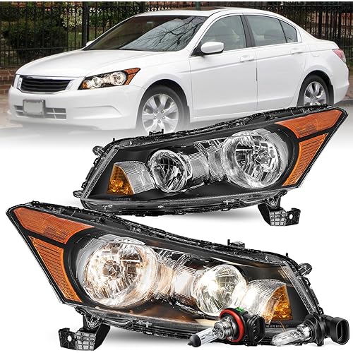 Headlight Assembly Pair Compatible with 2008-2012 Honda Accord Sedan 4-Door LX LX-P HFP EX EX-L Factory Style Headlamp Replacement Driver and Passenger Side with Bulbs