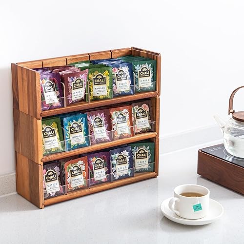 Miniatura 8 de LOCDION Soporte organizador de bolsas de té de madera de acacia, caja de almacenamiento de bolsa de té con 3 niveles, contenedores apilables para