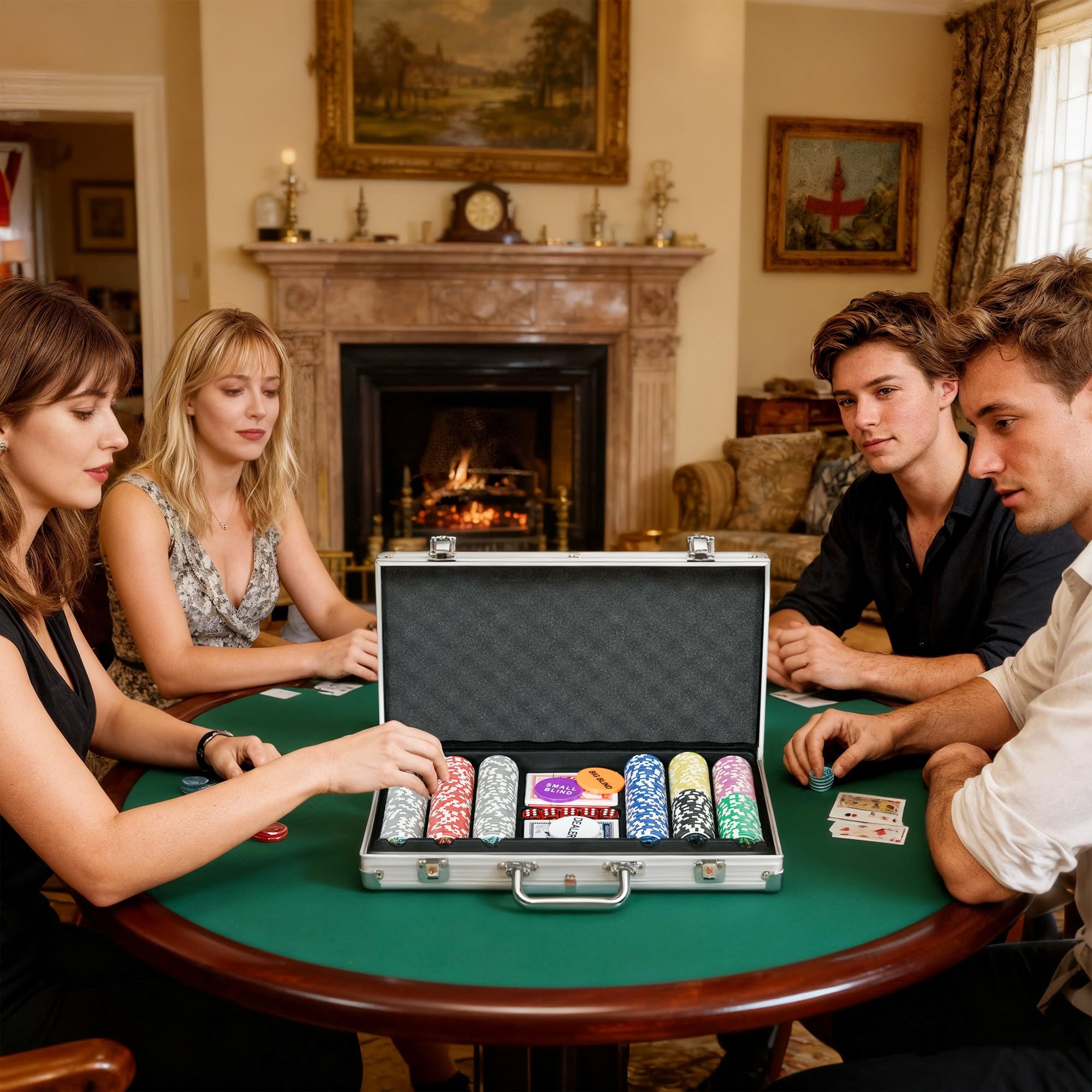 SPORTNOW Juego de Póker Profesional, Maletín de Póker de Aluminio con 300 Fichas de 11,5 g, 2 Barajas de Cartas, 5 Dados, Tapete y Botón de Crupier, para 7-8 Jugadores con Cerradura, Plateado
