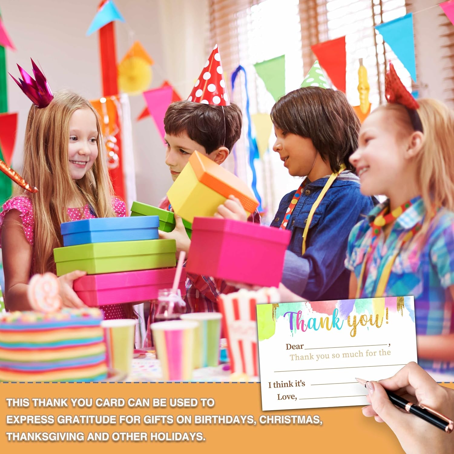 Kids Thank You Cards Fill in the Blank, Art Painting Thank You Cards, Gold Foil Greeting Cards, Thank You Notes For Boys Girls, Birthday Party Decorations Favors (20 Cards With 20 Envelopes) -12 - Image 3