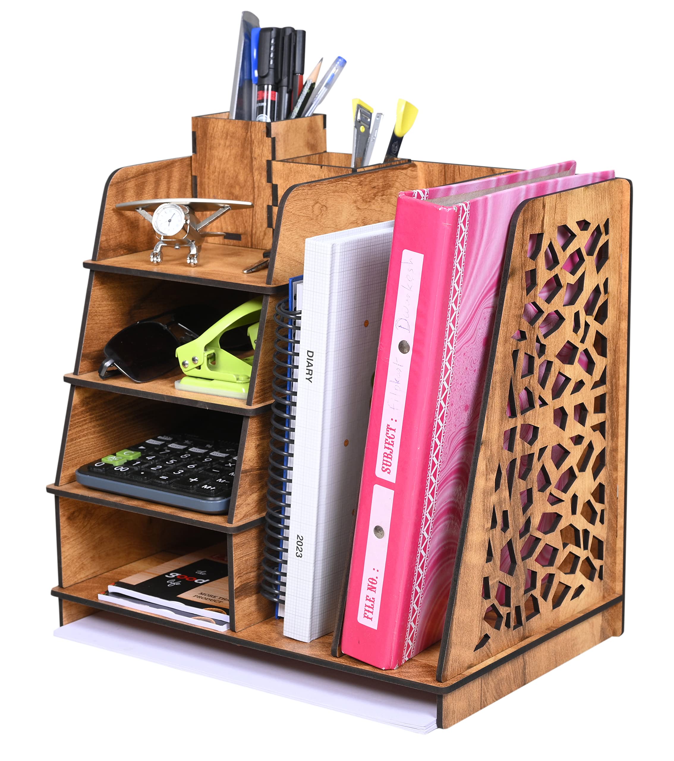 50 FITZ Wooden Inside Desk Organiser For Office,Multi Functional Desktop Organiser. Storage For File ,Pen ,Tissue ,Printer Paper,Calculatore Etc. (Pack Of 1 -Assambled Wooden Color) (Desk_Mesh),Brown