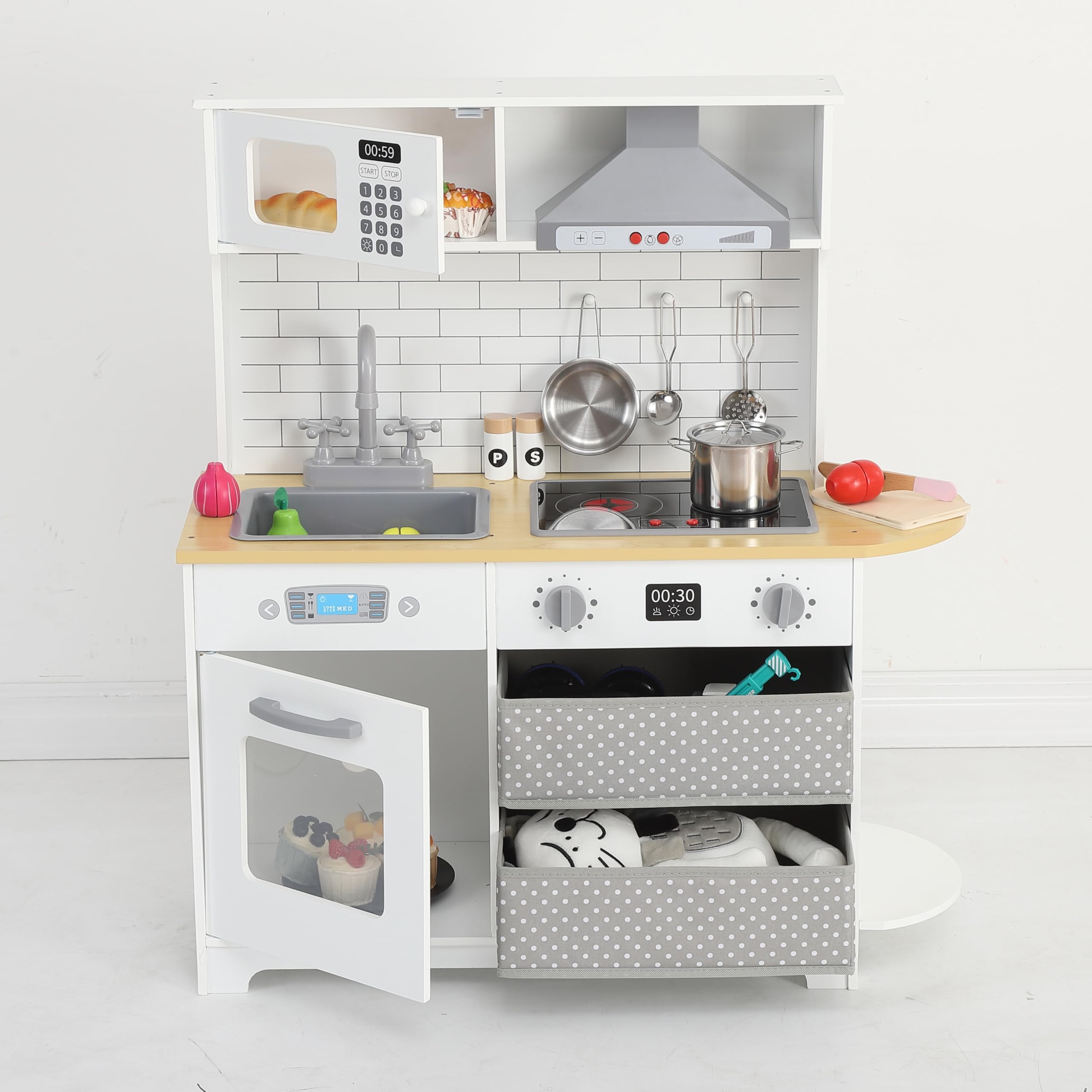 Wooden Play Kitchen for Kids - Innovative Corner Design, Realistic Cooking Sounds, Complete Accessories, Ample Storage Space, and Sound & Light Features