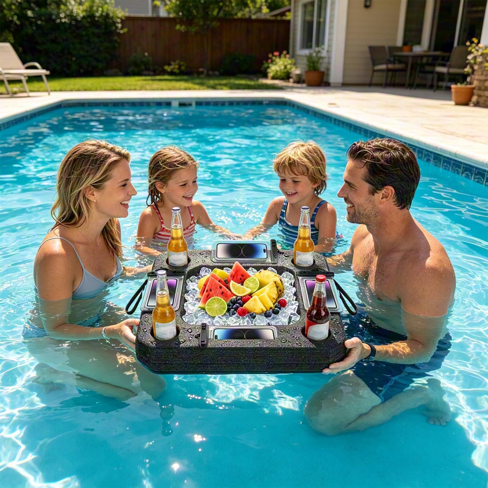 Pool Tablett Schwimmend 50x50cm – Tragbare Servierplatte mit Fächern | Getränkehalter für , See, Strands & Gartenparty, Leichte Ablage für Snacks & Getränke, Perfekt für Sommer, Camping