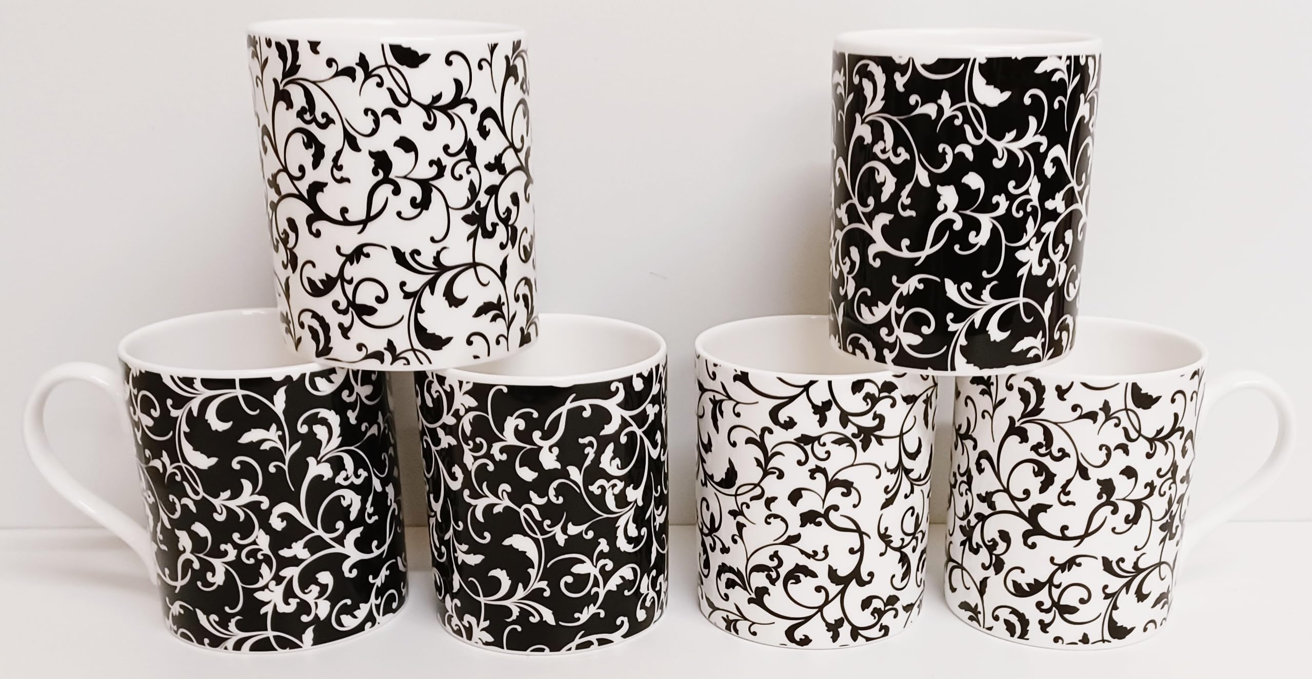 Weneckie czarno-białe kubki z porcelany kostnej duże balmoralne 414 ml 400 ml kubki wirowe i liście ręcznie dekorowane w Wielkiej Brytanii