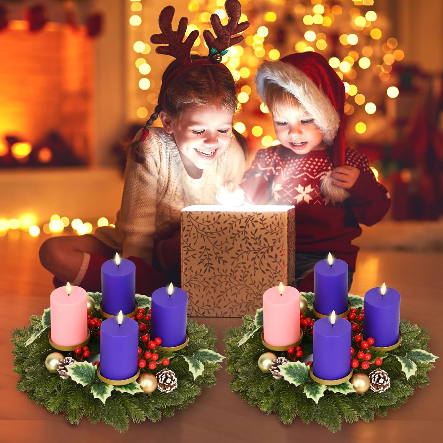 Waipfaru 5Pcs Christmas Advent Wreath, Advent Candle Holder with 4 Flameless Simulated Candles, 12 Inch Advent Wreath and Candles Set, Christmas Centerpiece Decorations for Table Indoor Home Church