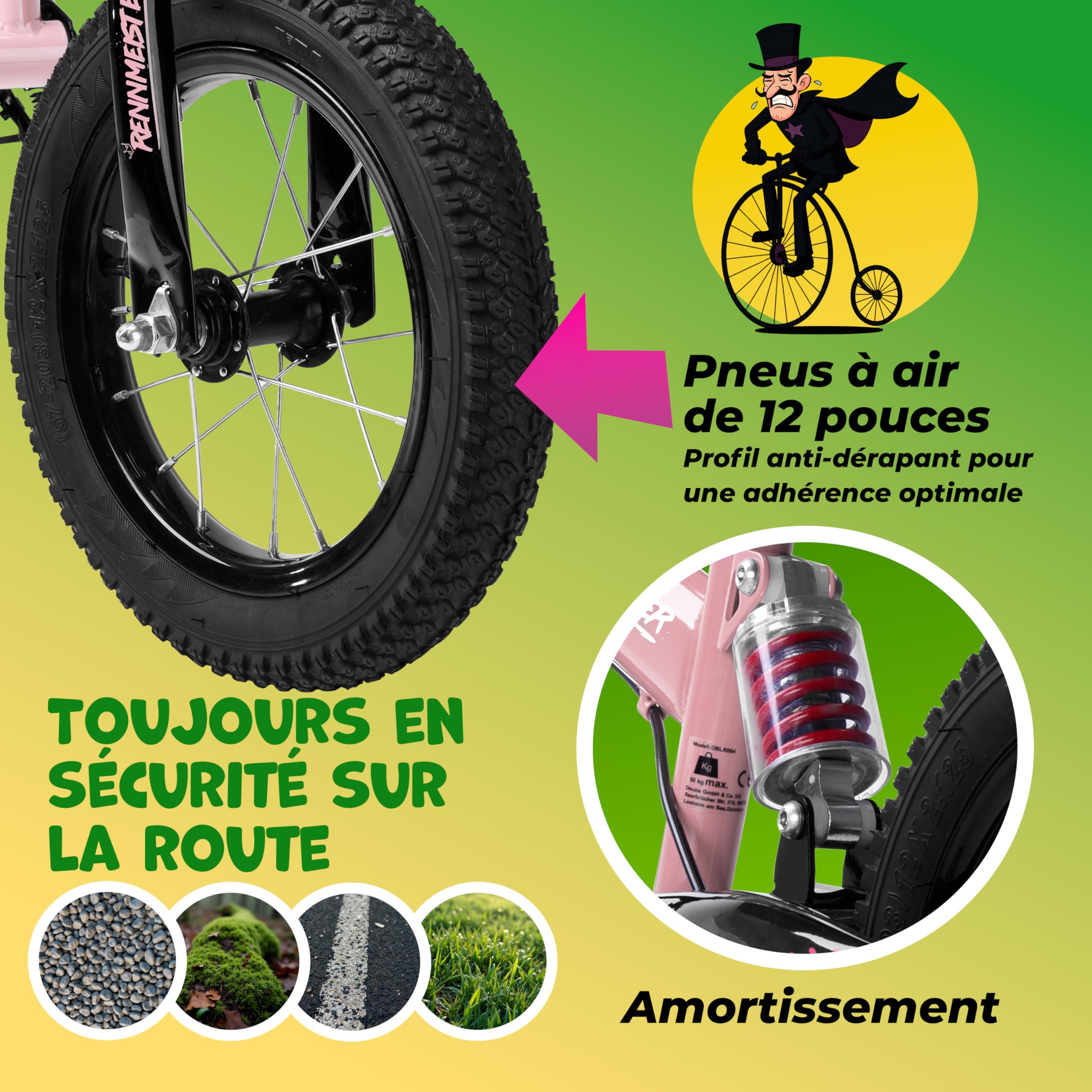 Draisienne pour Enfants Rose - Vélo sans pédale avec Guidon, Selle réglable, Frein - Vélo d'apprentissage avec Suspension, vélo d'équilibre Pneus jusqu'à 50kg