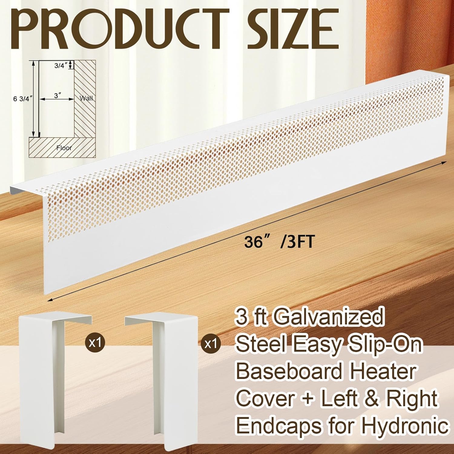 Tandefio 3 ft Baseboard Heater Cover with End Caps Heater for Radiators Galvanized Steel Easy Slip on for Hydronic and Electric Base Board Heaters Covers with Large Small Holes