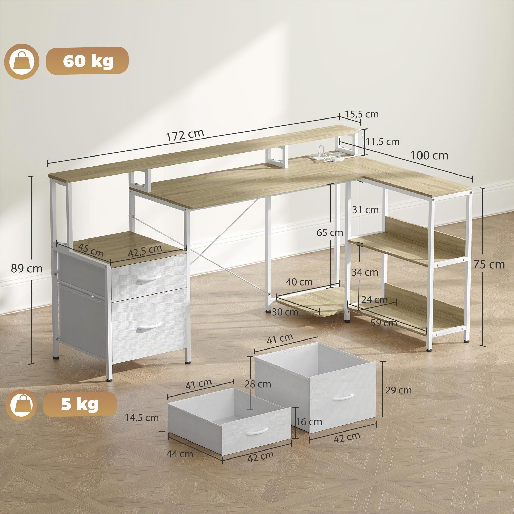 HOMCOM Bureau d'angle avec Prises et Lumières LED RGB 172x100cm Blanc