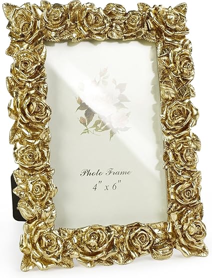 Vintage Gold 4x6 Picture Frame, Gold Ornate Rose Flower Resin Photo Frame with Glass Front for Tabletop or Wall Hanging, Antique Picture Frames for Home Office Decor