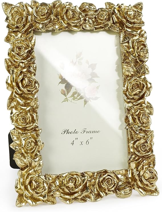 Vintage Gold 4x6 Picture Frame, Gold Ornate Rose Flower Resin Photo Frame with Glass Front for Tabletop or Wall Hanging, Antique Picture Frames for Home Office Decor