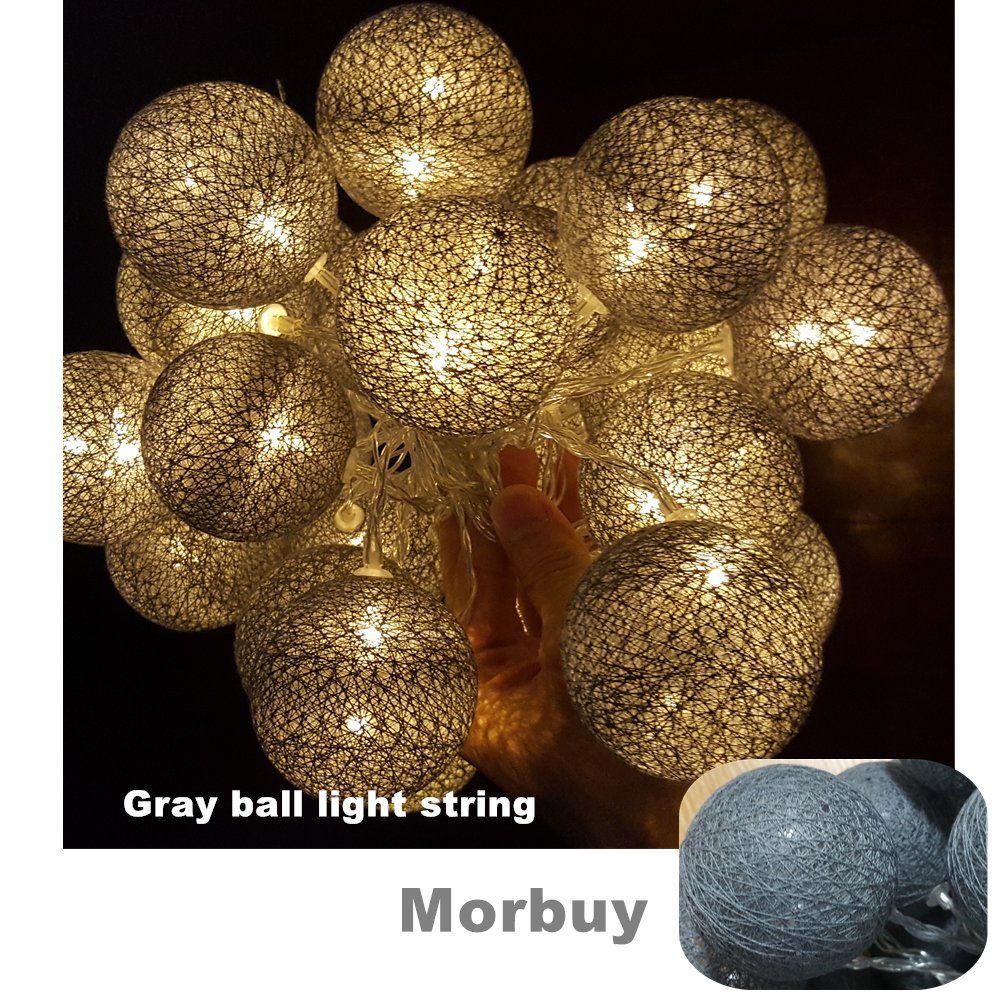 Cotton Ball String Light, Morbuy Solid Color Fairy String Light LED Battery Powered 6cm Lights Ball Decoration Lights for Patio Christmas Garden Indoor Home Wedding Decoration (Gray, 1.8m/ 10 Lights)
