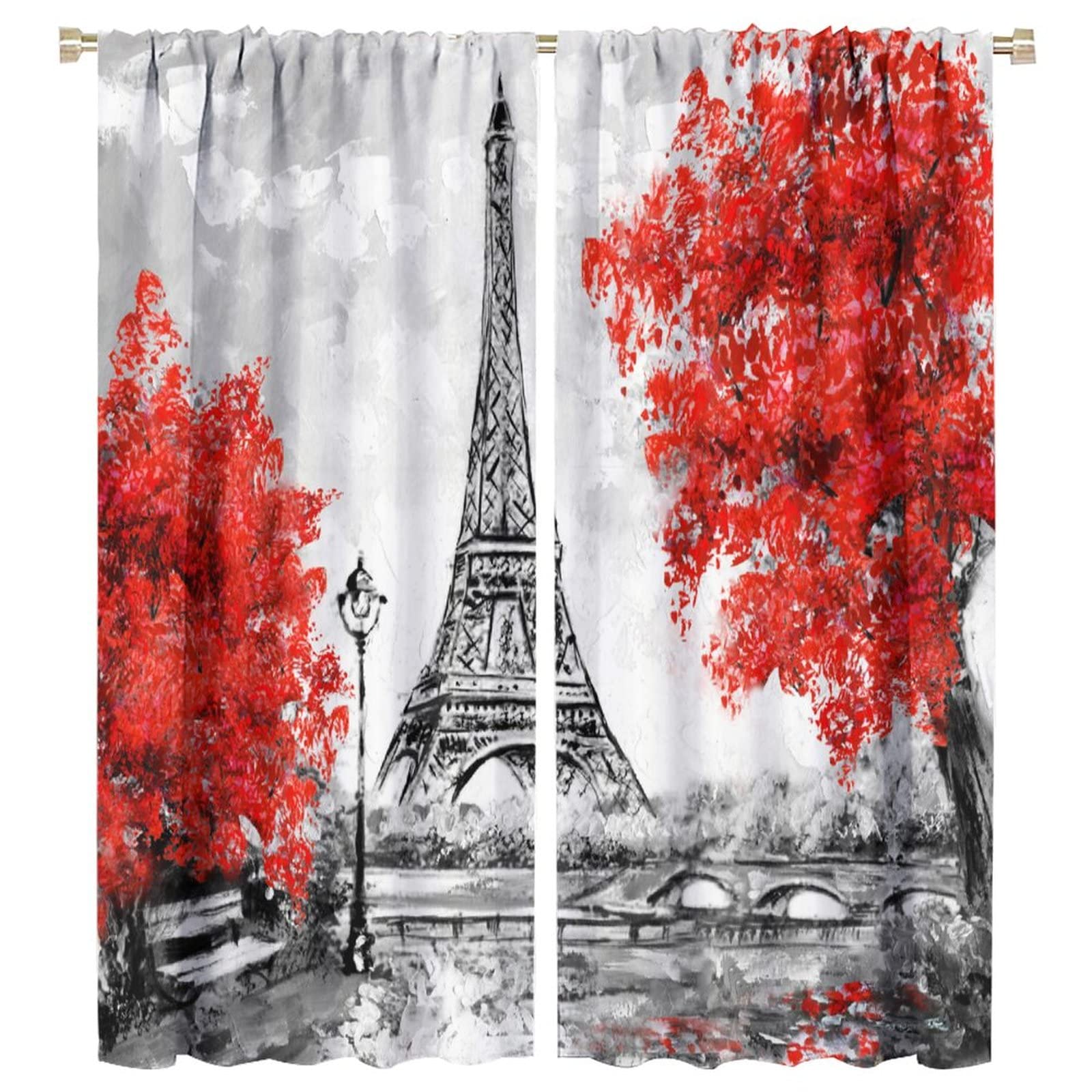 JESTRONRY City Landscape Retro Curtains,Red Paris Oil Painting Eiffel Tower Romance Theme Blackout Rod Pocket Window Drapes Set 2 Panes for Living Room Bedroom Kitchen Cafe W55xL63in