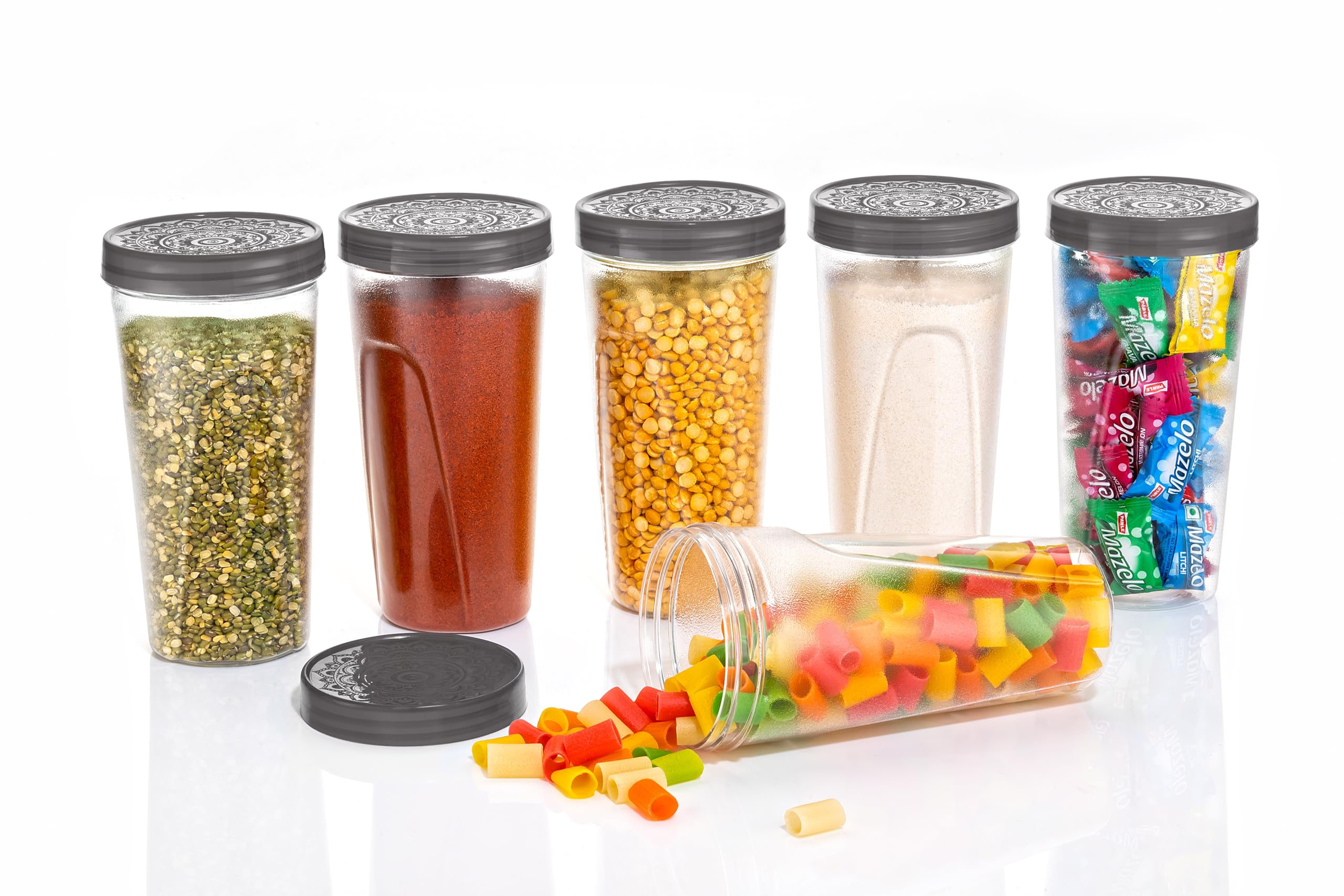 2Mech Kitchen Containers Set With Spoon Plastic Transparent Storage Containers For Kitchen Airtight Masala Box Dabba 650Ml Set Of 8, Black