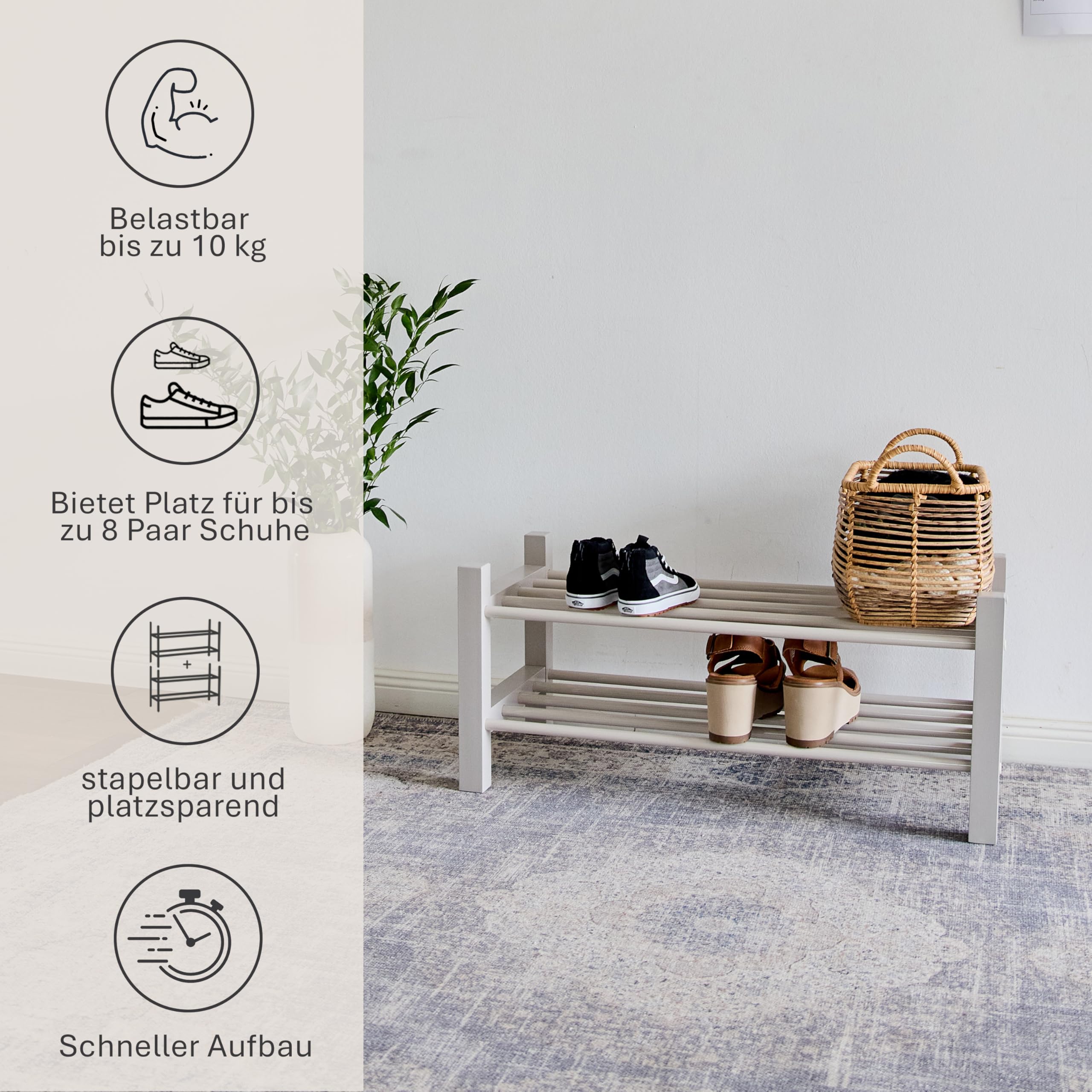 LOVE IT STORE IT LOFT Schuhregal schmal, Grau | Platzsparendes Schuhregal aus Metall und Holz, Für bis zu 8 Paar Schuhe, Mit 2 Ebenen, 73 x 33 x 32 cm