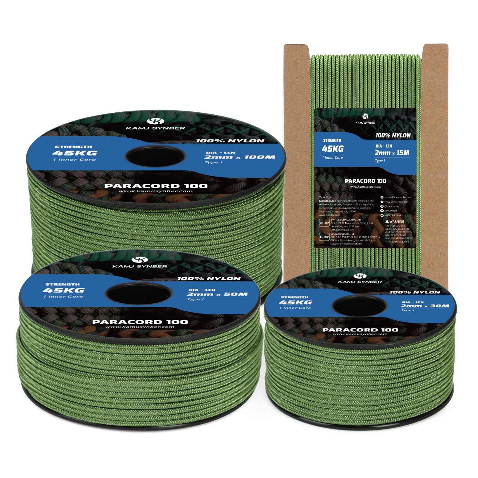 Kamu Synber 2mm Paracord 50M 100% Nylon Rope 1 Strand Type I Parachute Cord for Crafting, Outdoor, DIY, Camping | Support 45kg | Forest Green