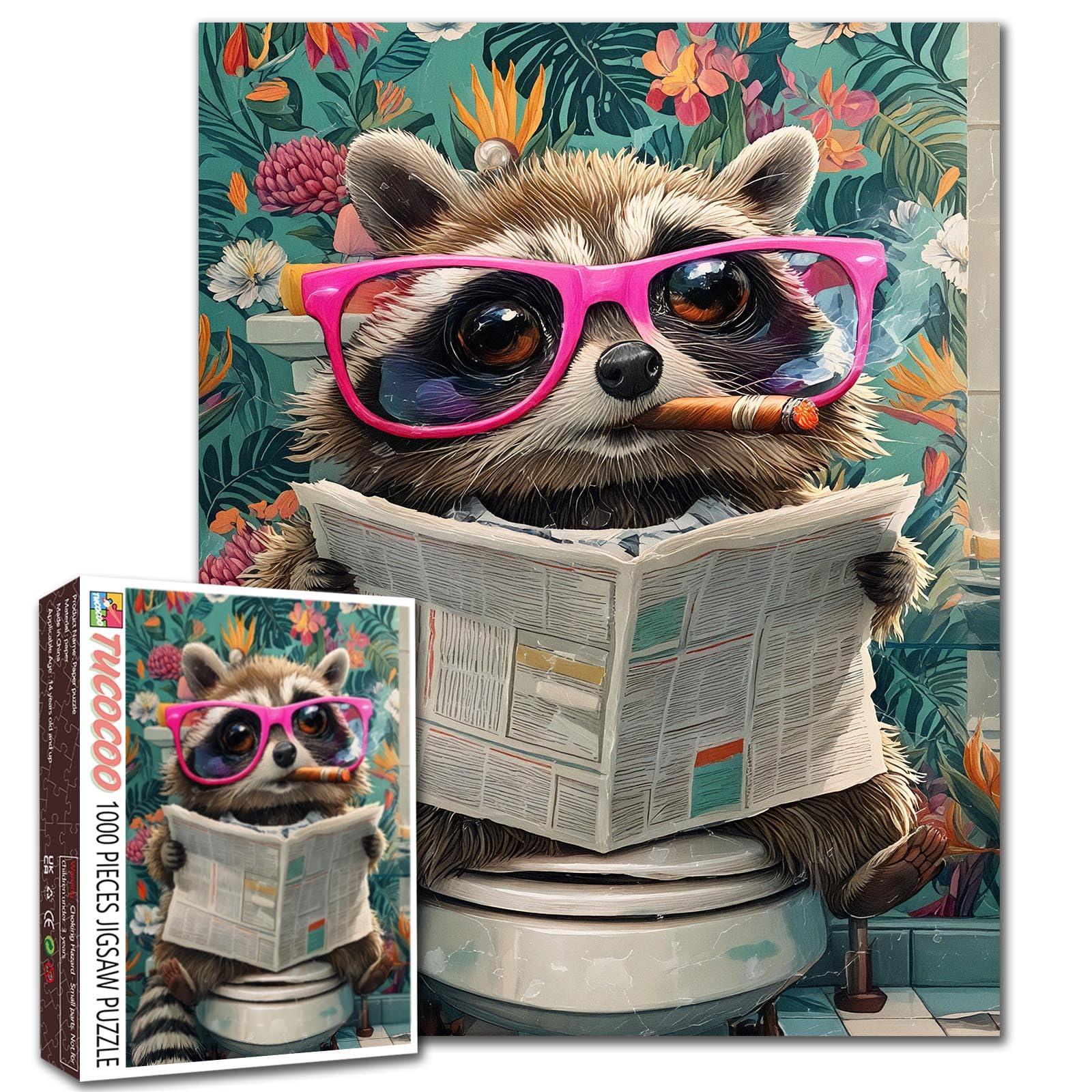 Puzzle 1000 Pieces for Adults Funny Raccoon Toilet Jigsaw Puzzle 19.7 x 27.6 Inches Cute Animal with Glasses Reading Picture Fun Challenge Puzzles Family Activity Gift for Adults Teens Home Decor — image 1