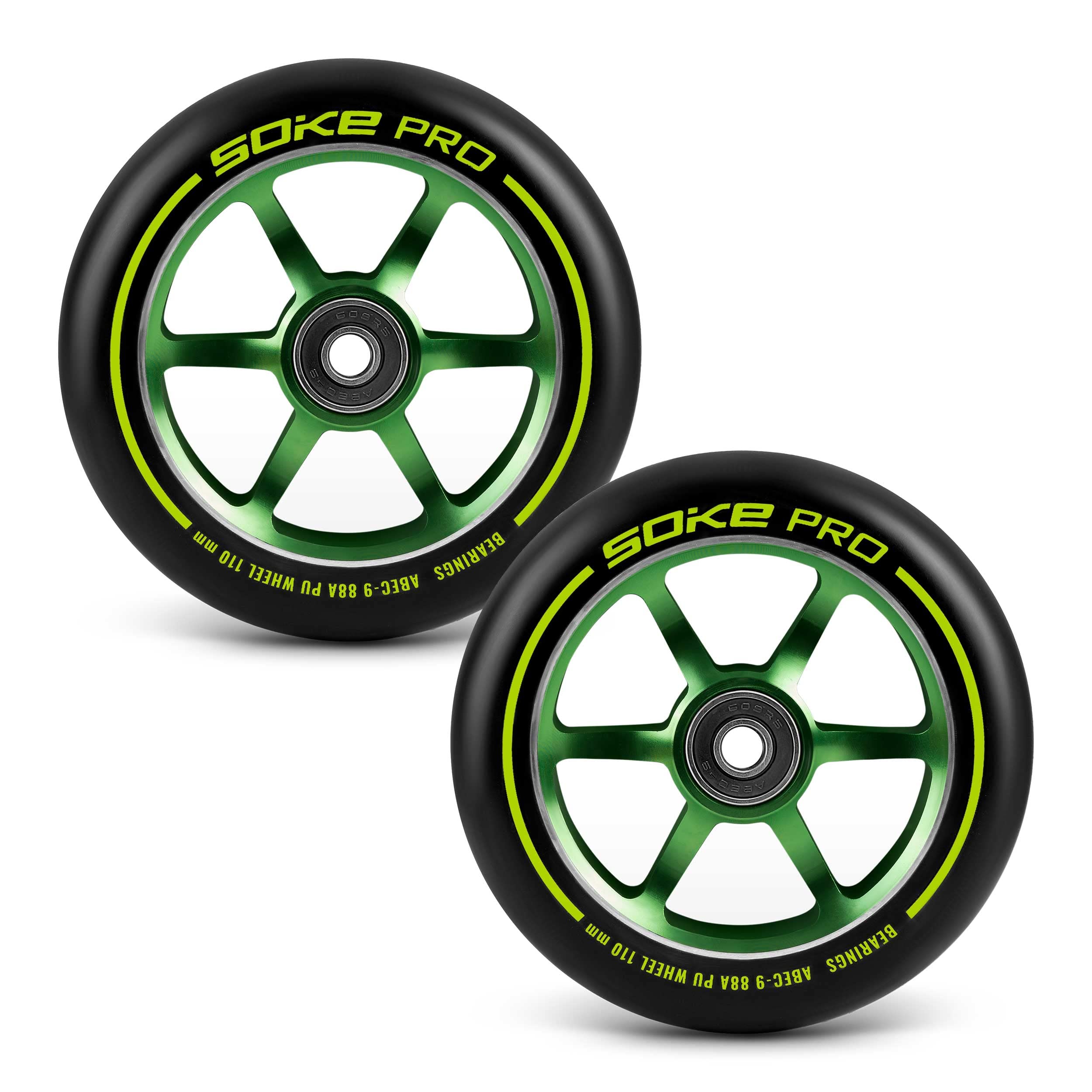 Soke roulettes pour Scooters Set 2 Pièces Diamètre 110 mm Hub 8 mm Roulements ABEC 9 Dureté 88A Aluminium et PU pour Surface Dur Vert