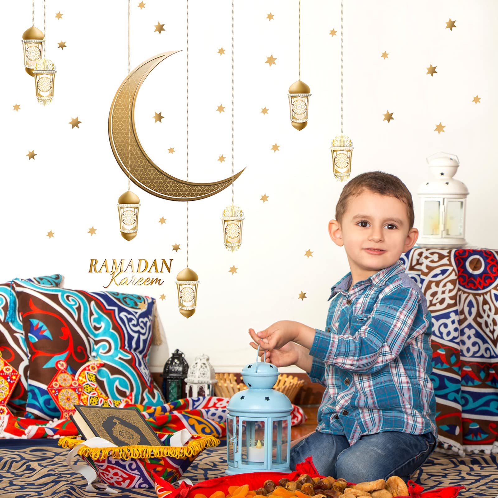 Autocollants Muraux Ramadan 3D - Lune étoile Islamique Or - Décoration Fête Musulmane - PVC étanche