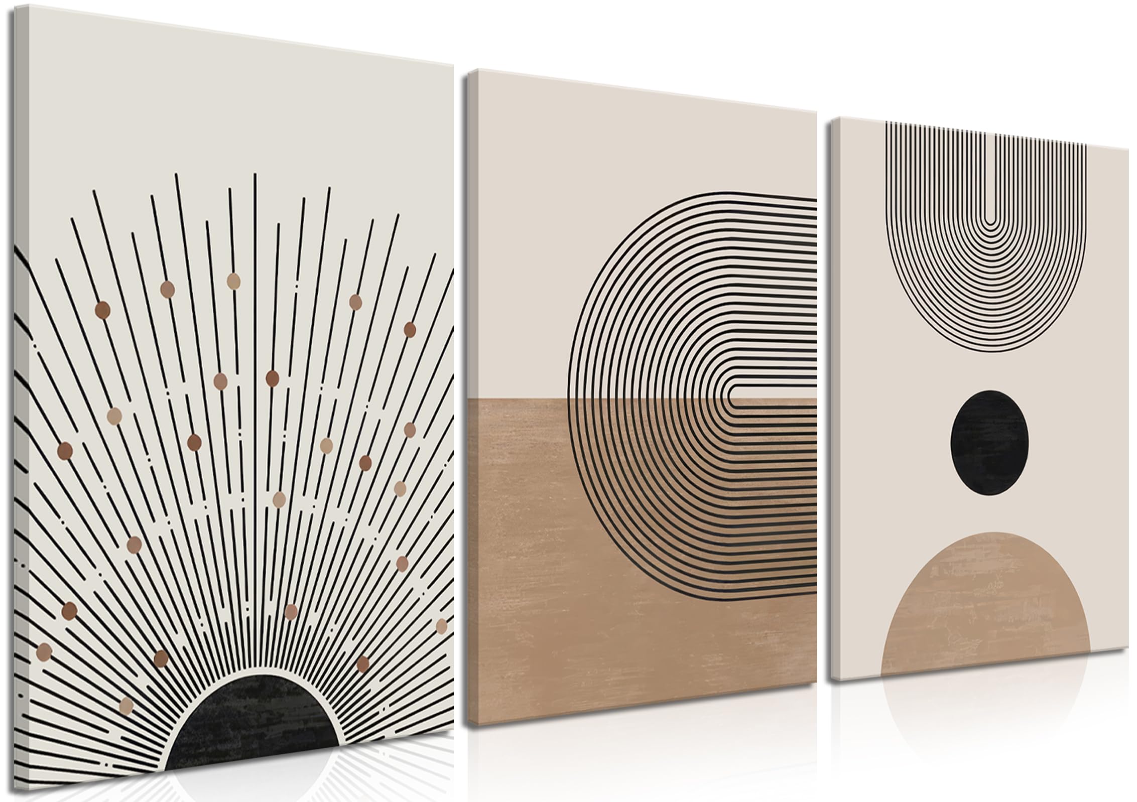 LMYSXAOZ Mid Century Modern Canvas Wall Art Set of 3 Neutral Boho Poster Abstract Geometric Prints Picture, Black Beige Minimalist Painting Artwork for Living Room Bedroom 16x24 Inch